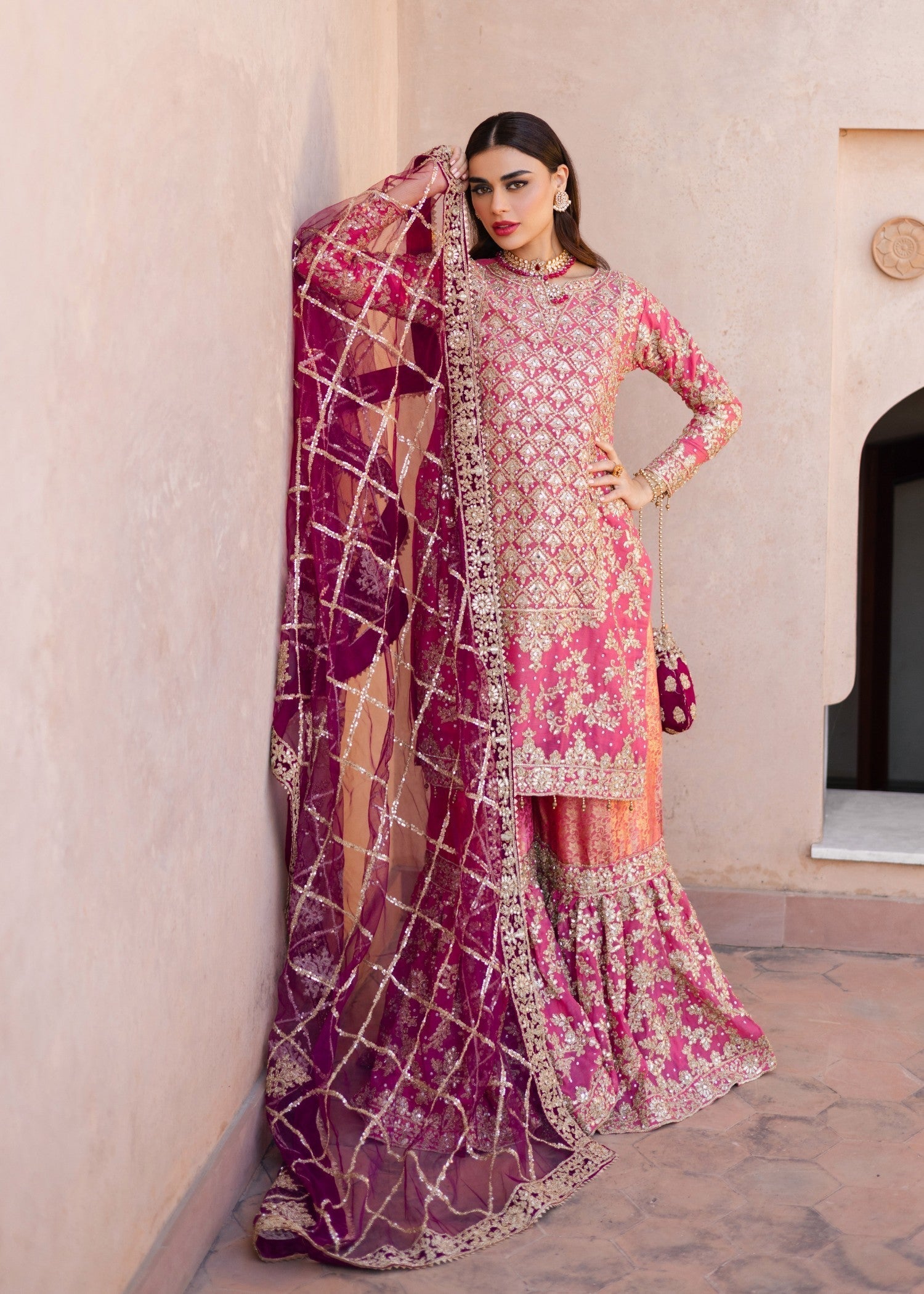 chiffon Gharara in Coral pink