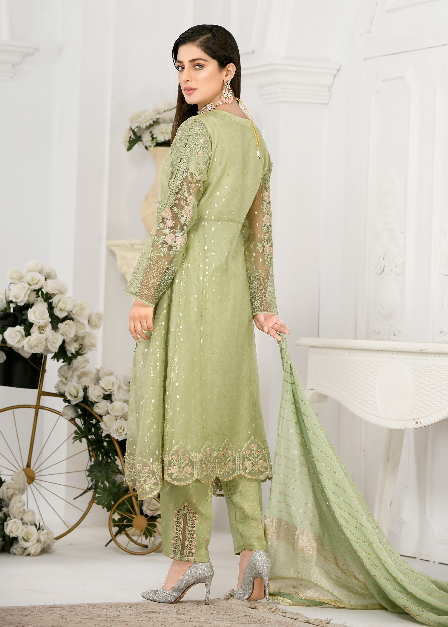 organza Pishwas in Pistachio green