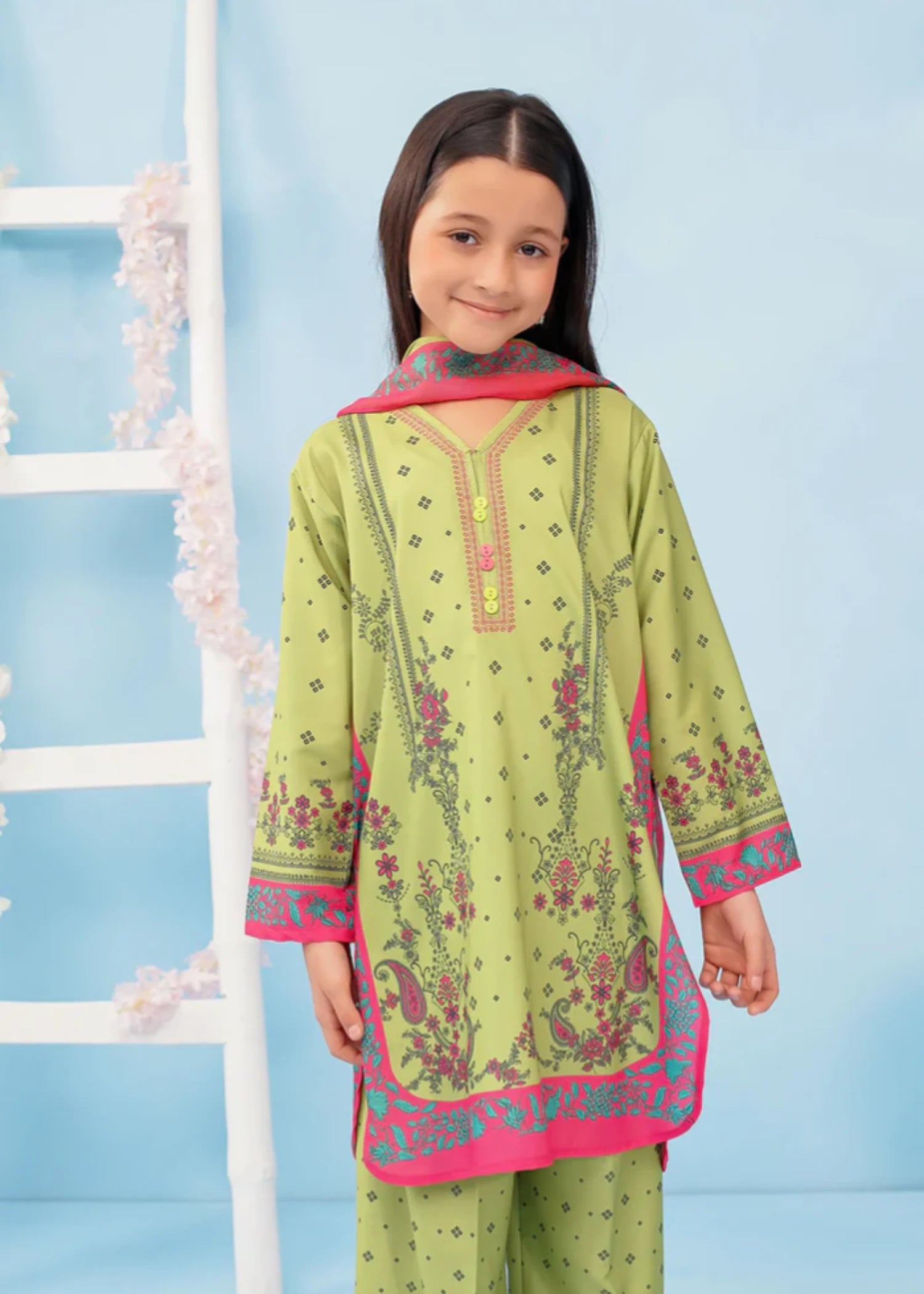 poly lawn Kurta Set in Lime green