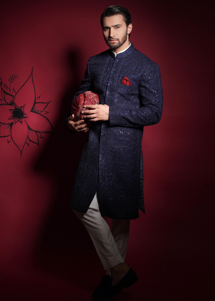 raw silk Sherwani in Navy blue