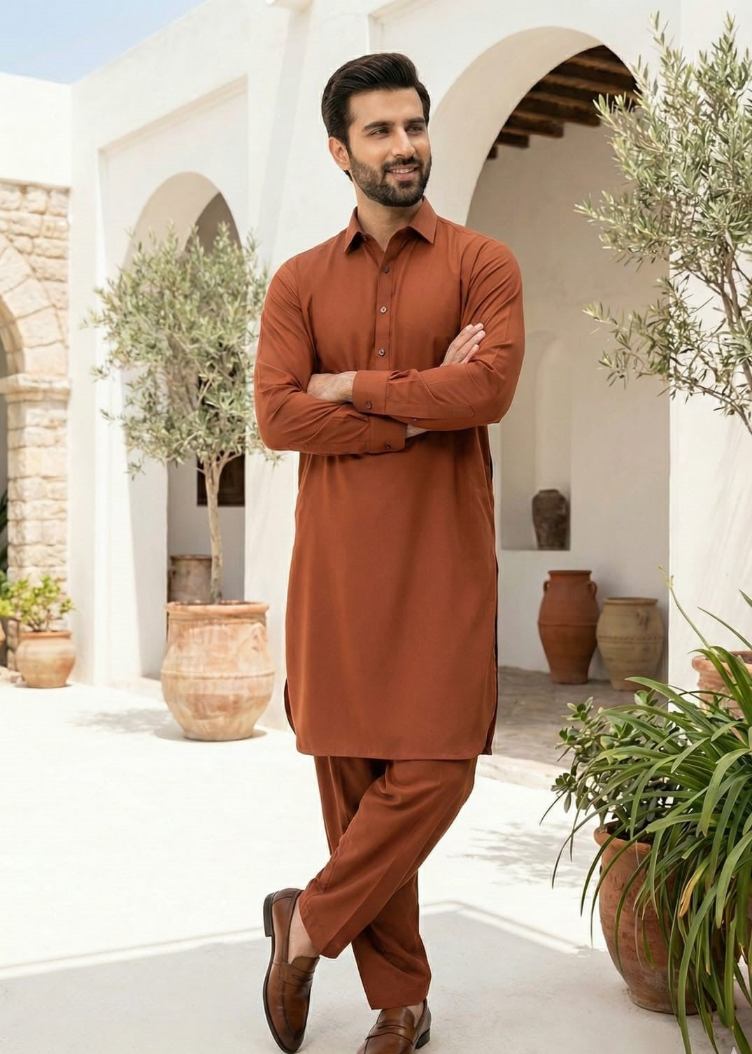 wash & wear Shalwar Kameez in Rust orange