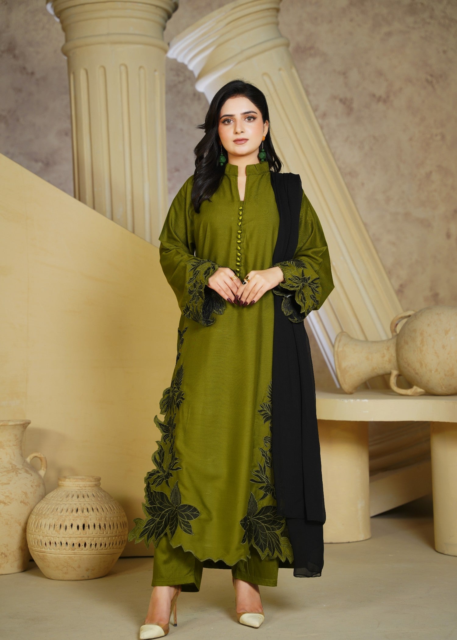 linen chambray Kurta Set in Olive green