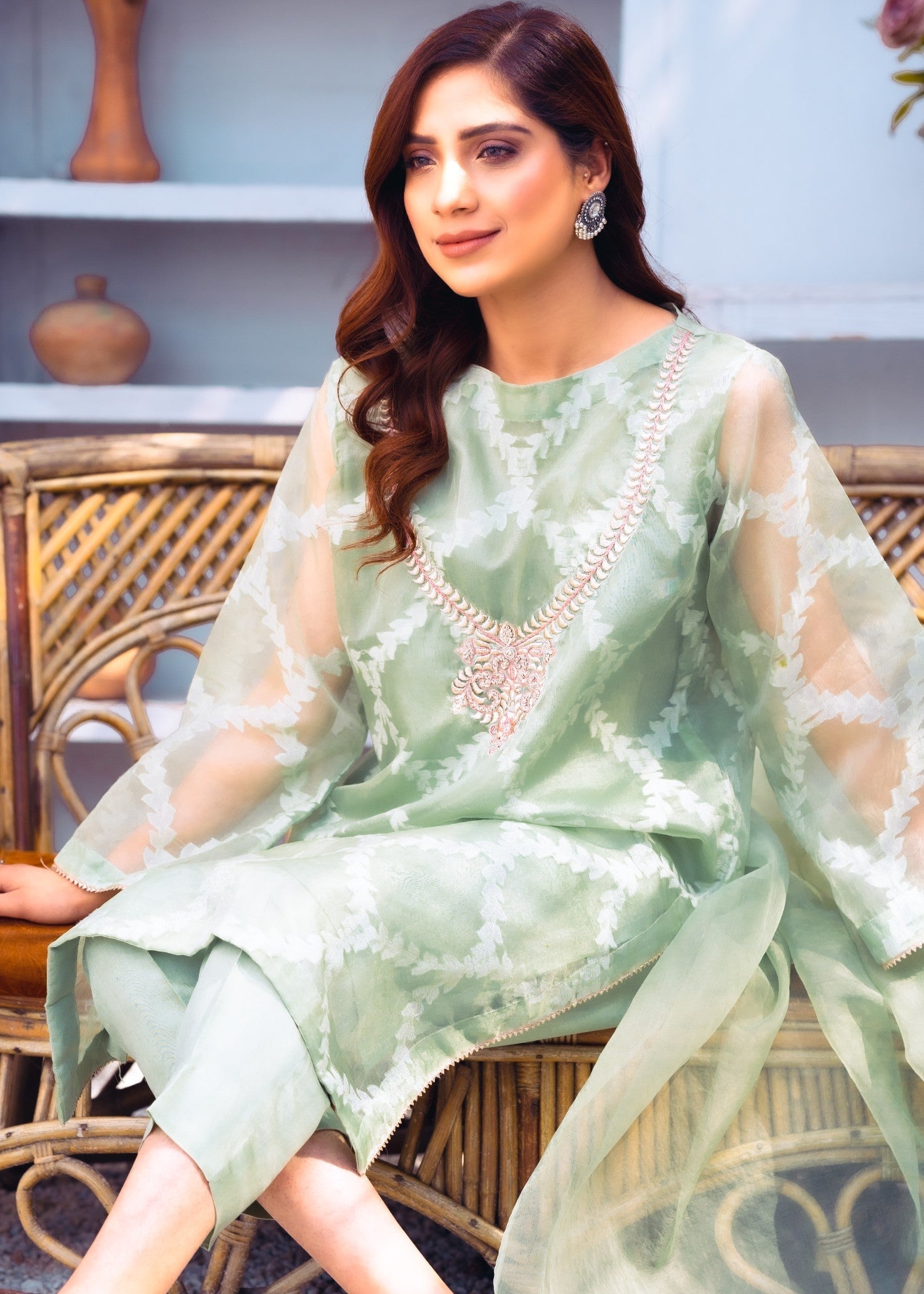 jacquard organza Kurta Set in Tea green