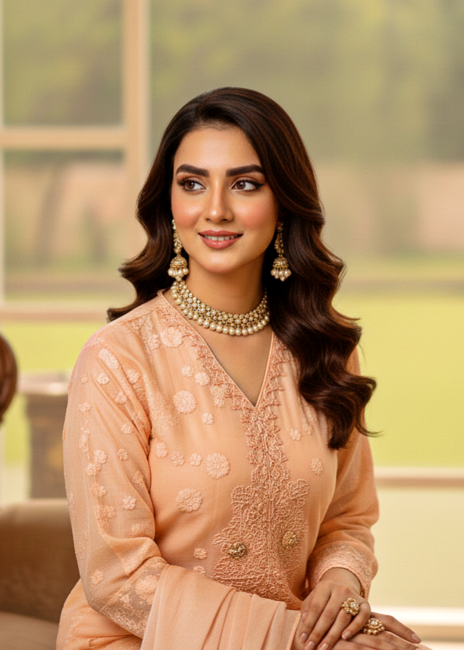 chiffon silk Kurta Set in Peach orange