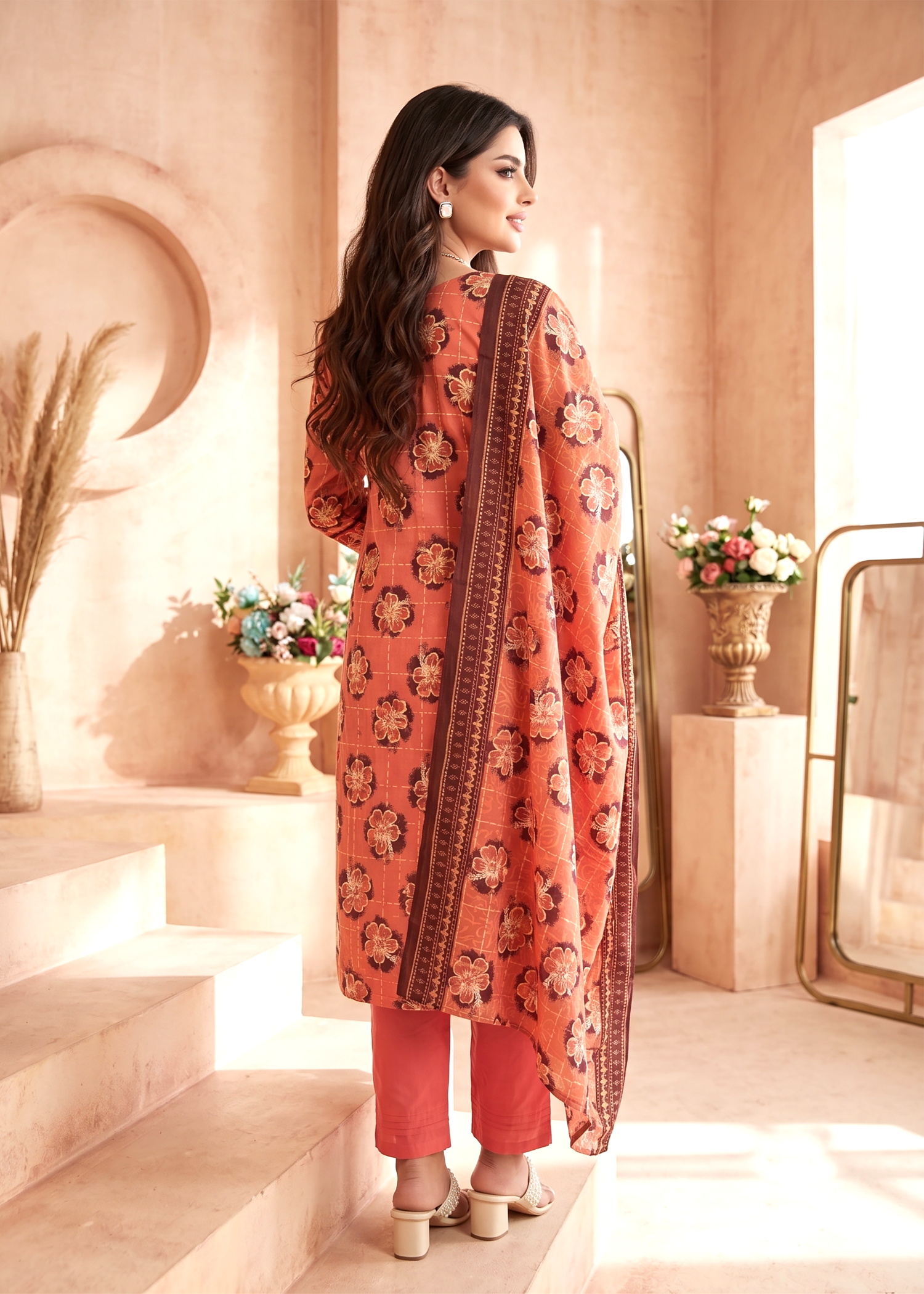 lawn Kurta Set in Coral red