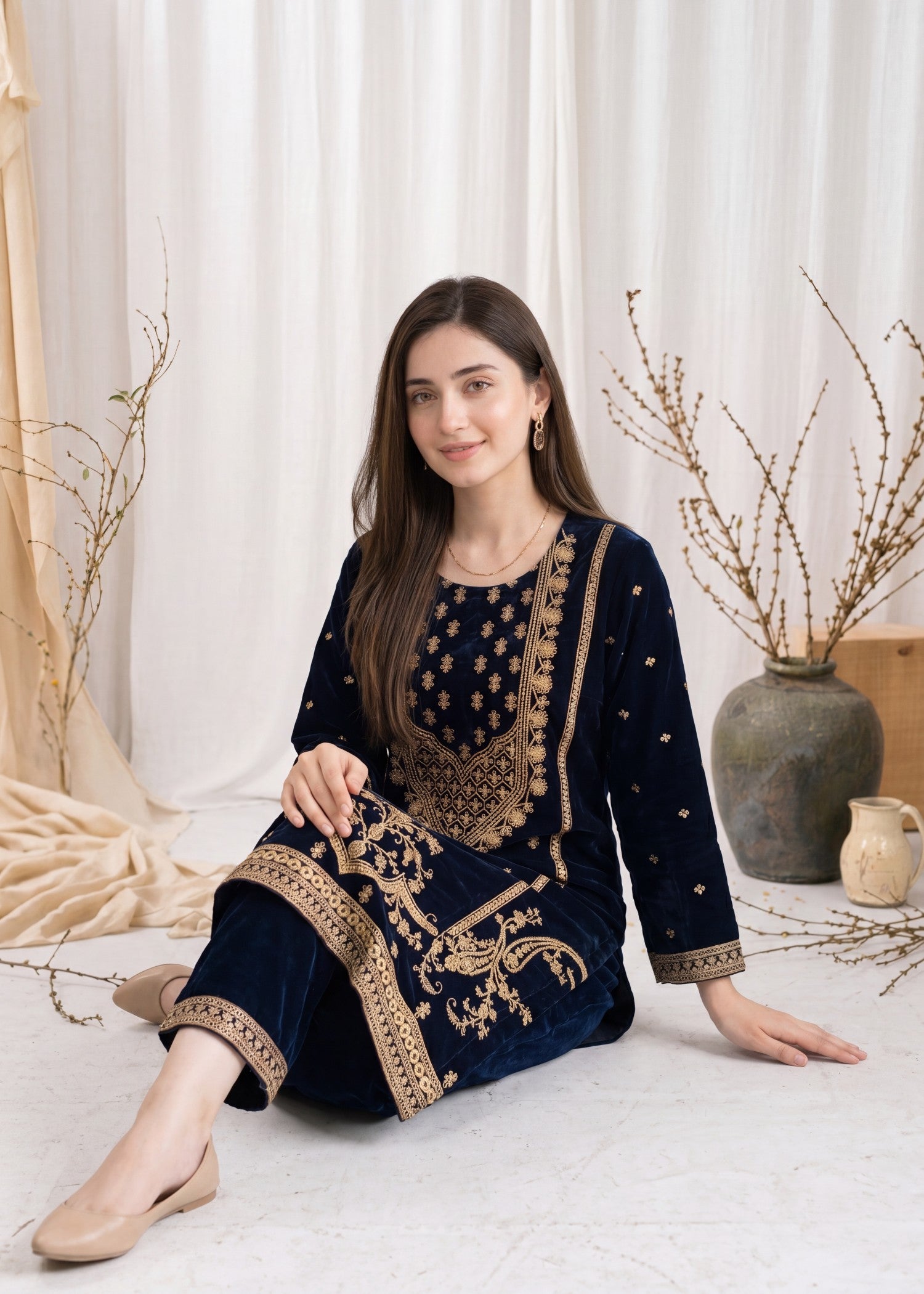 velvet Kurta Set in Royal blue