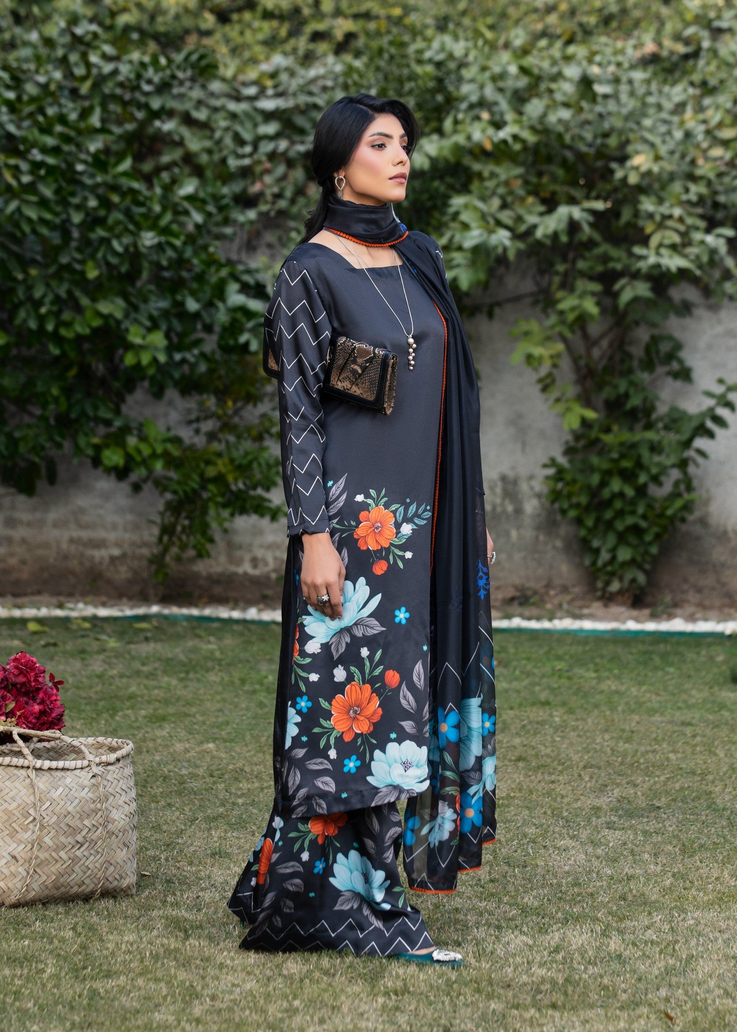 silk Kurta Set in Black, ink