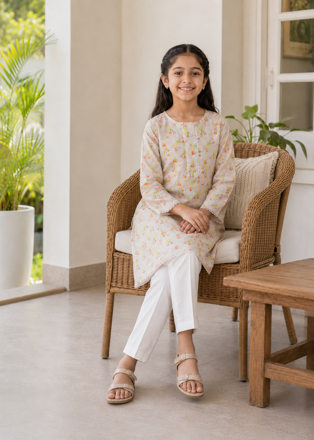 polycotton Kurta Set in Cream, yellow-orange
