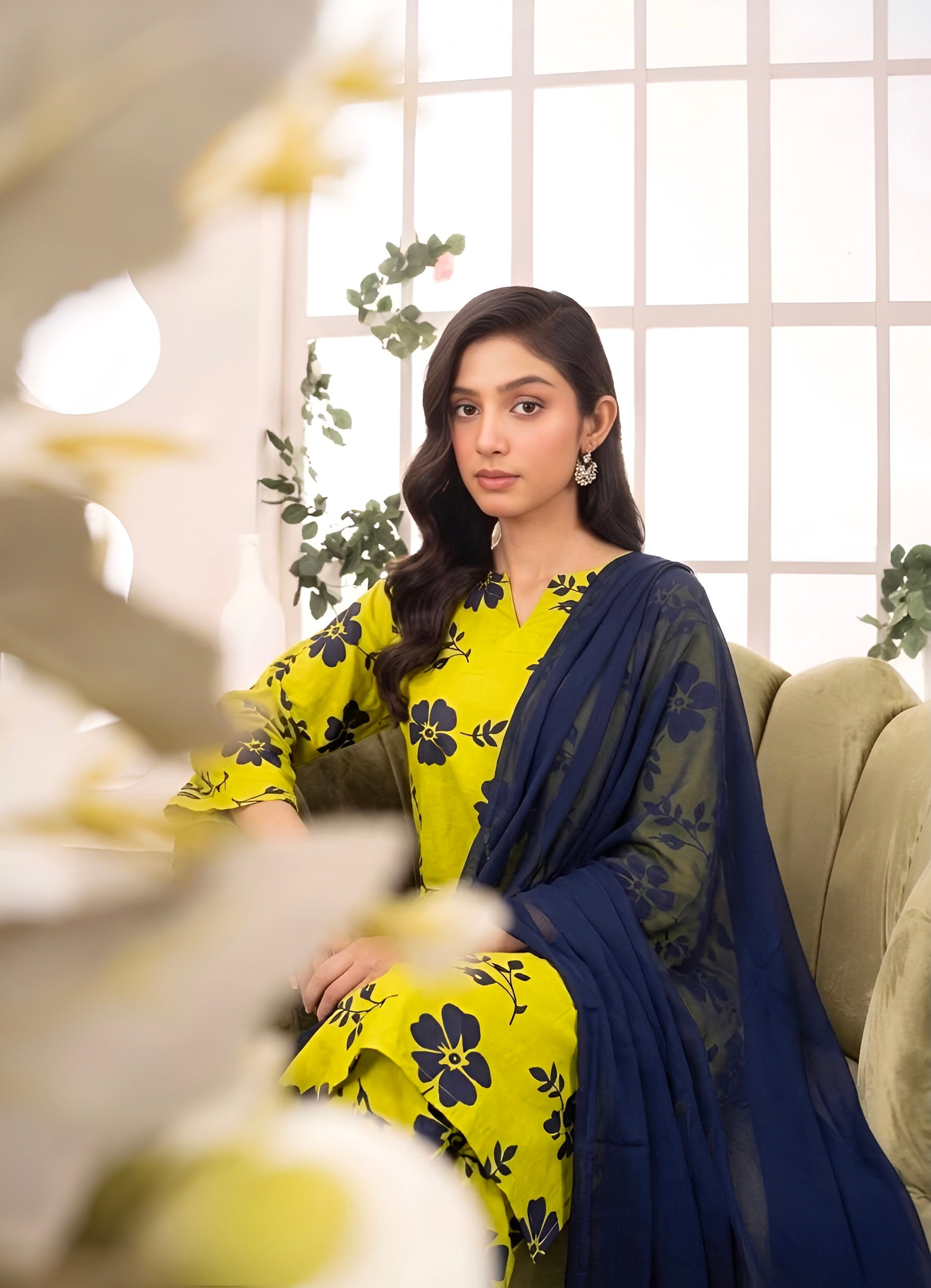 linen Kurta Set in Yellow green