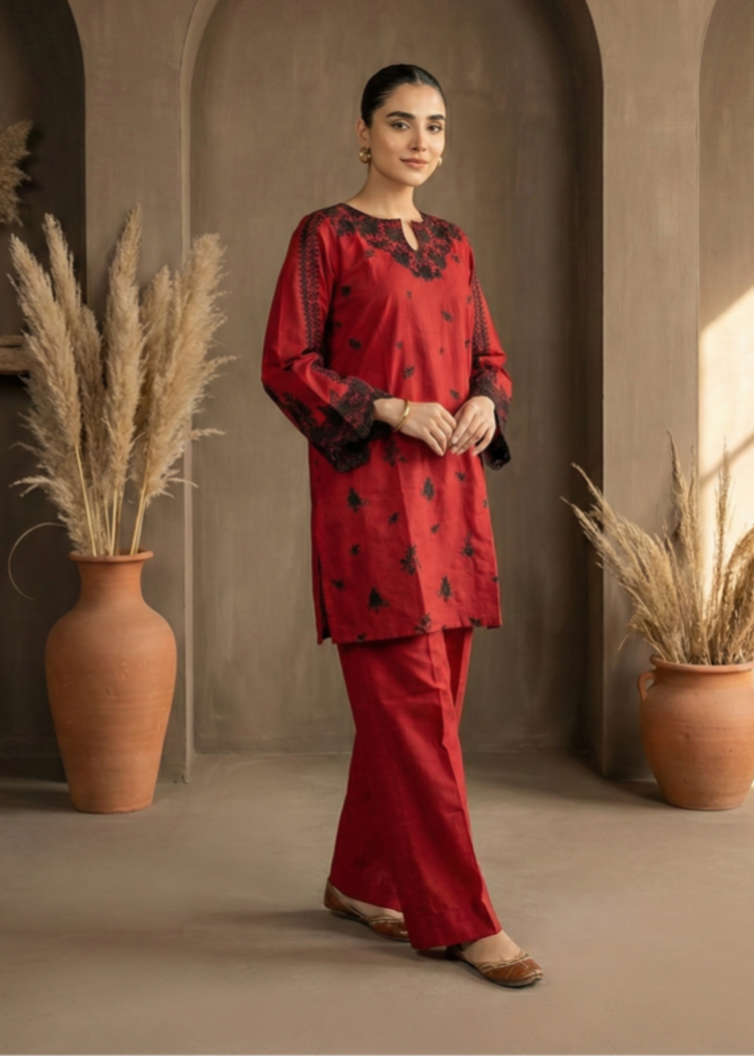 cotton dobby Kurta Set in Blood red