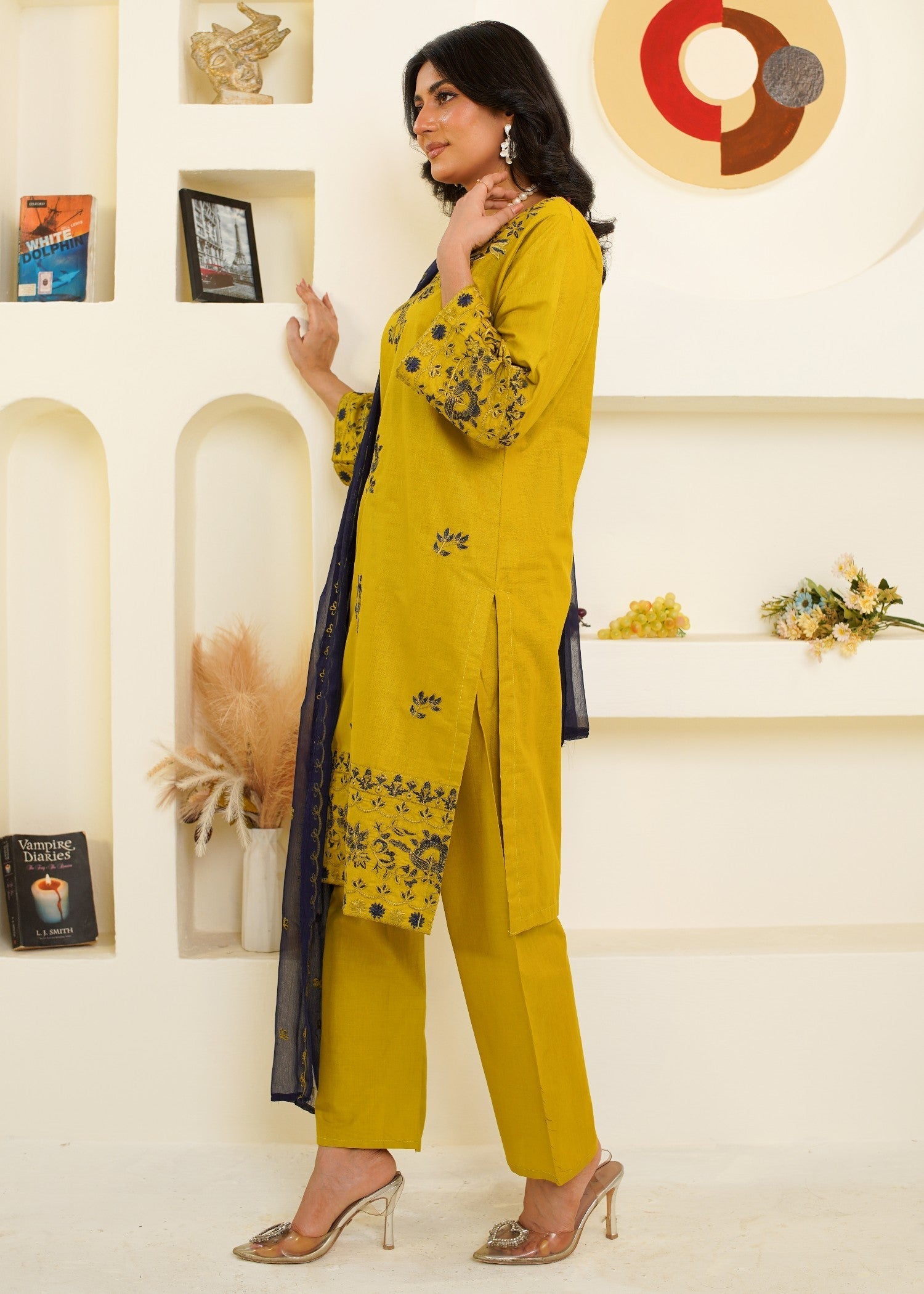 cambric cotton Kurta Set in Lemon