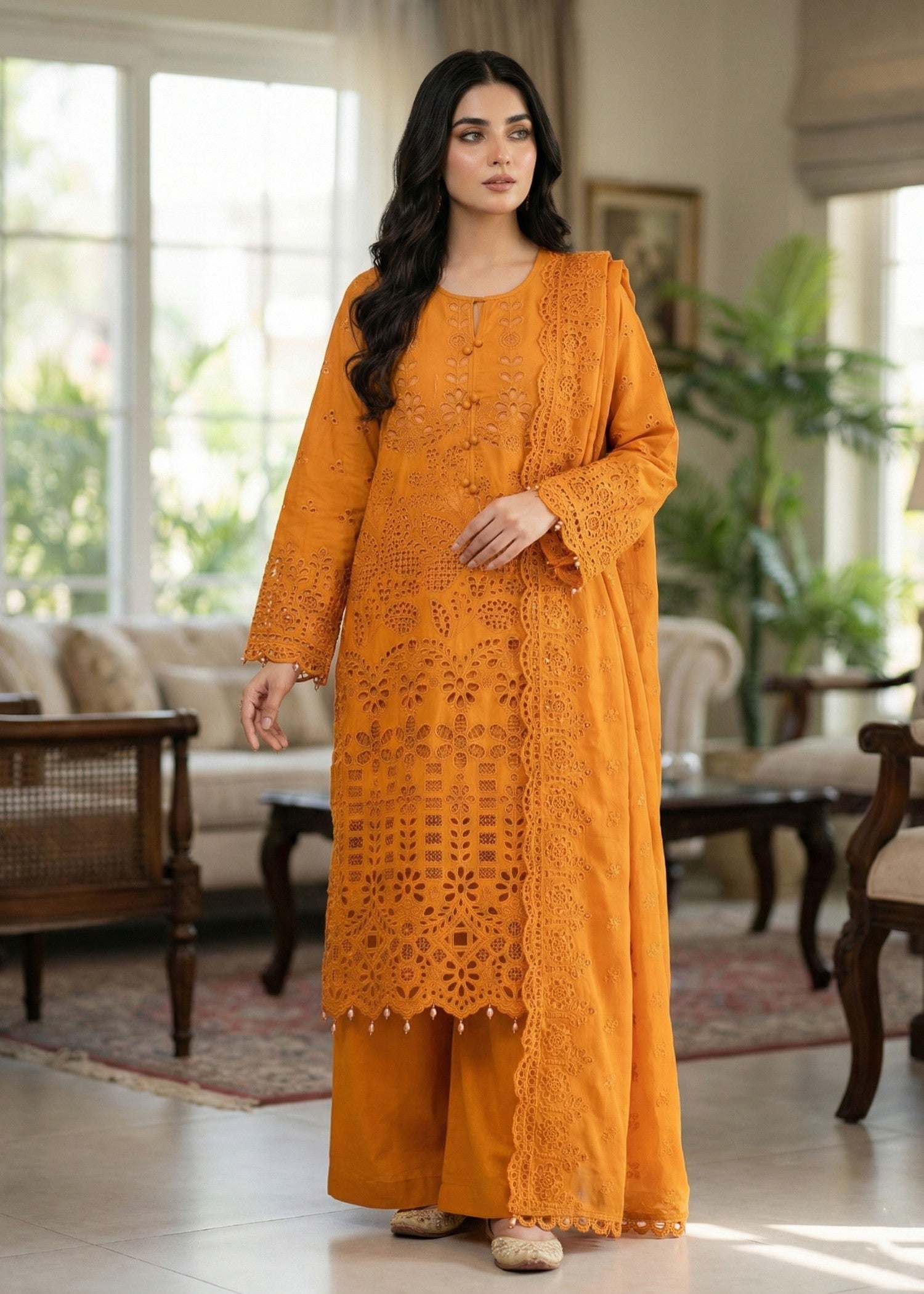 chikankari cotton Kurta Set in Mustard