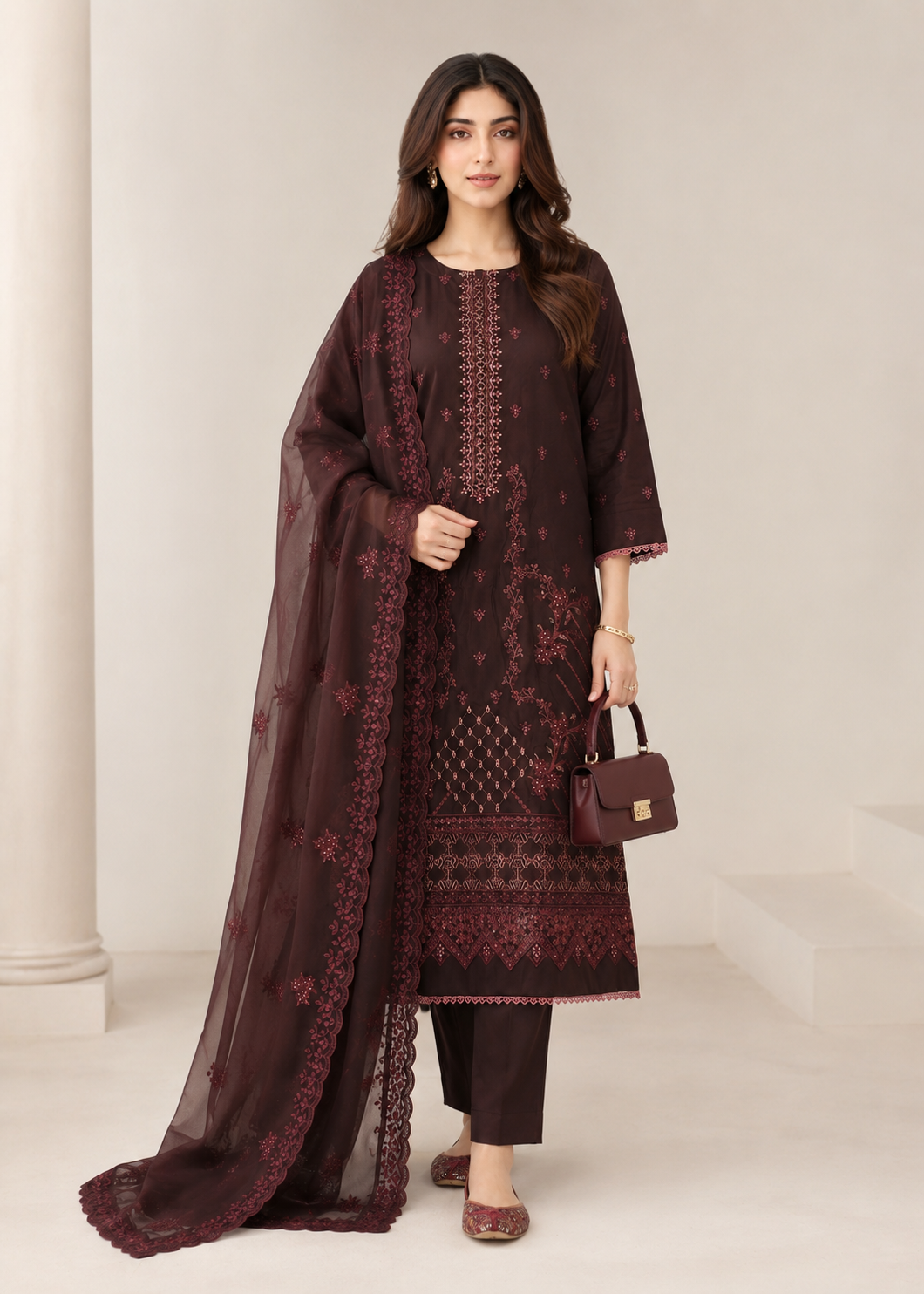 lawn Kurta Set in Chestnut brown