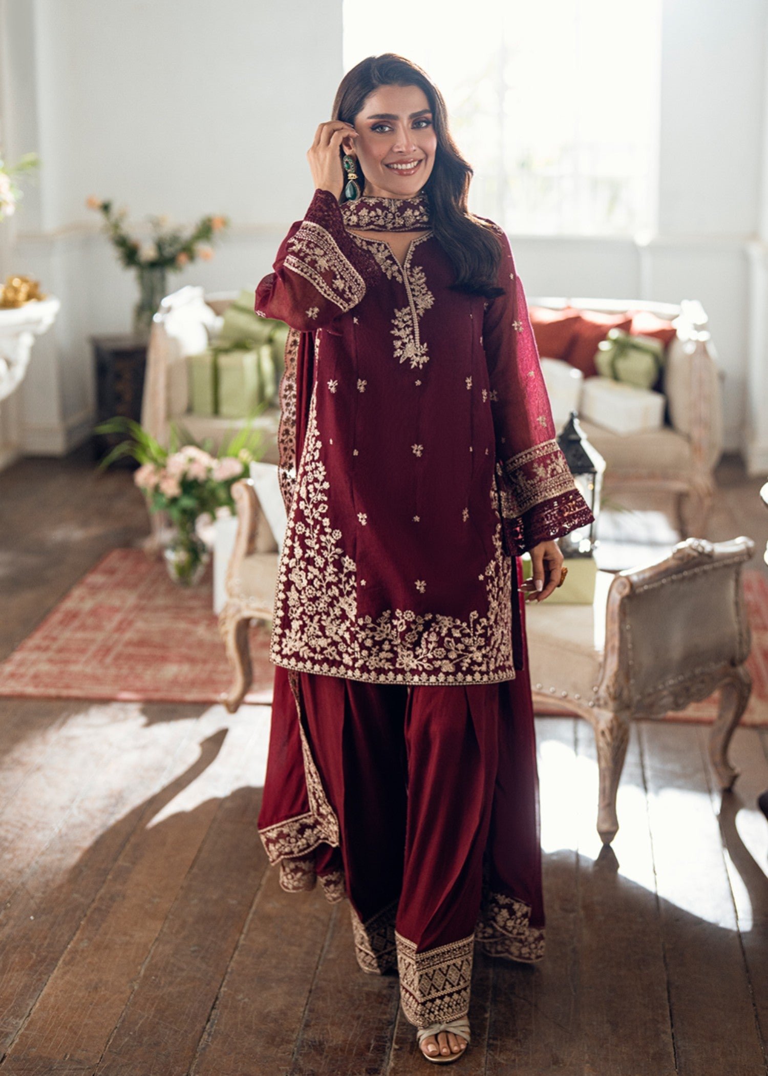 khaddi net shabnam zari Unstitched in Burgundy