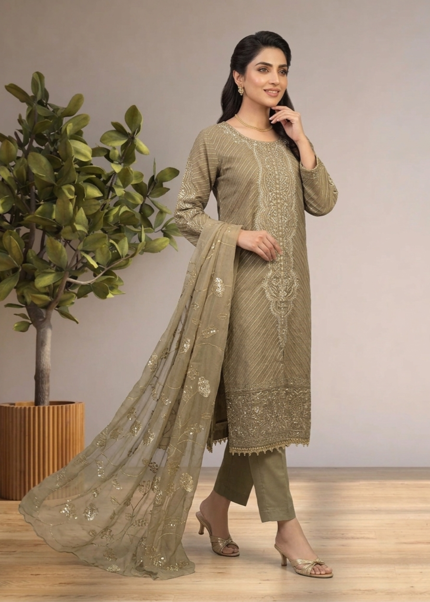 organza Kurta Set in Khaki brown