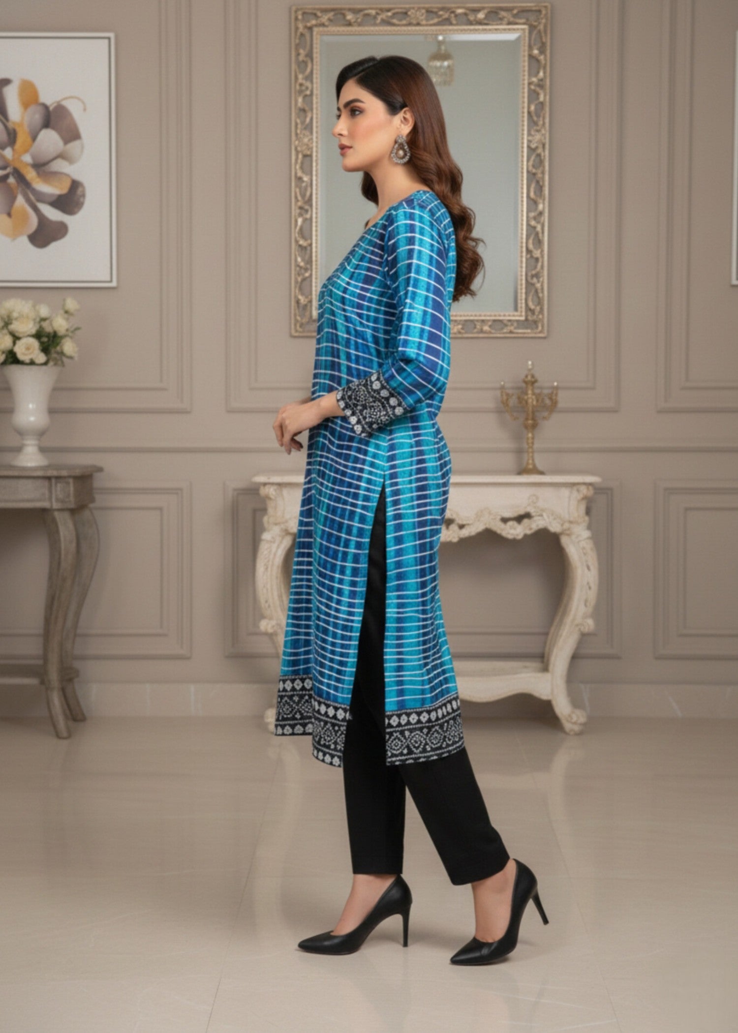 linen Kurta Set in Aquamarine, black, navy blue