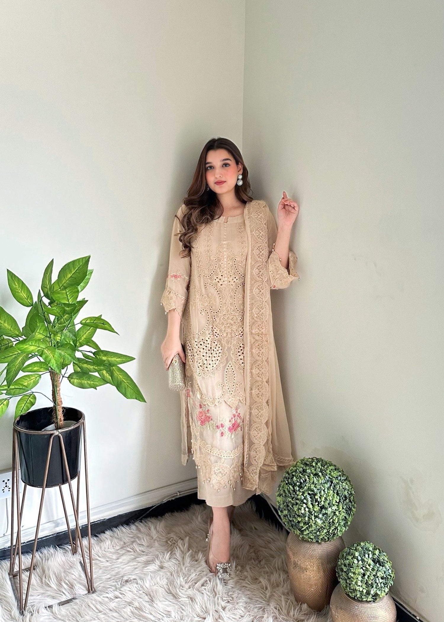 chiffon Kurta Set in Tan brown