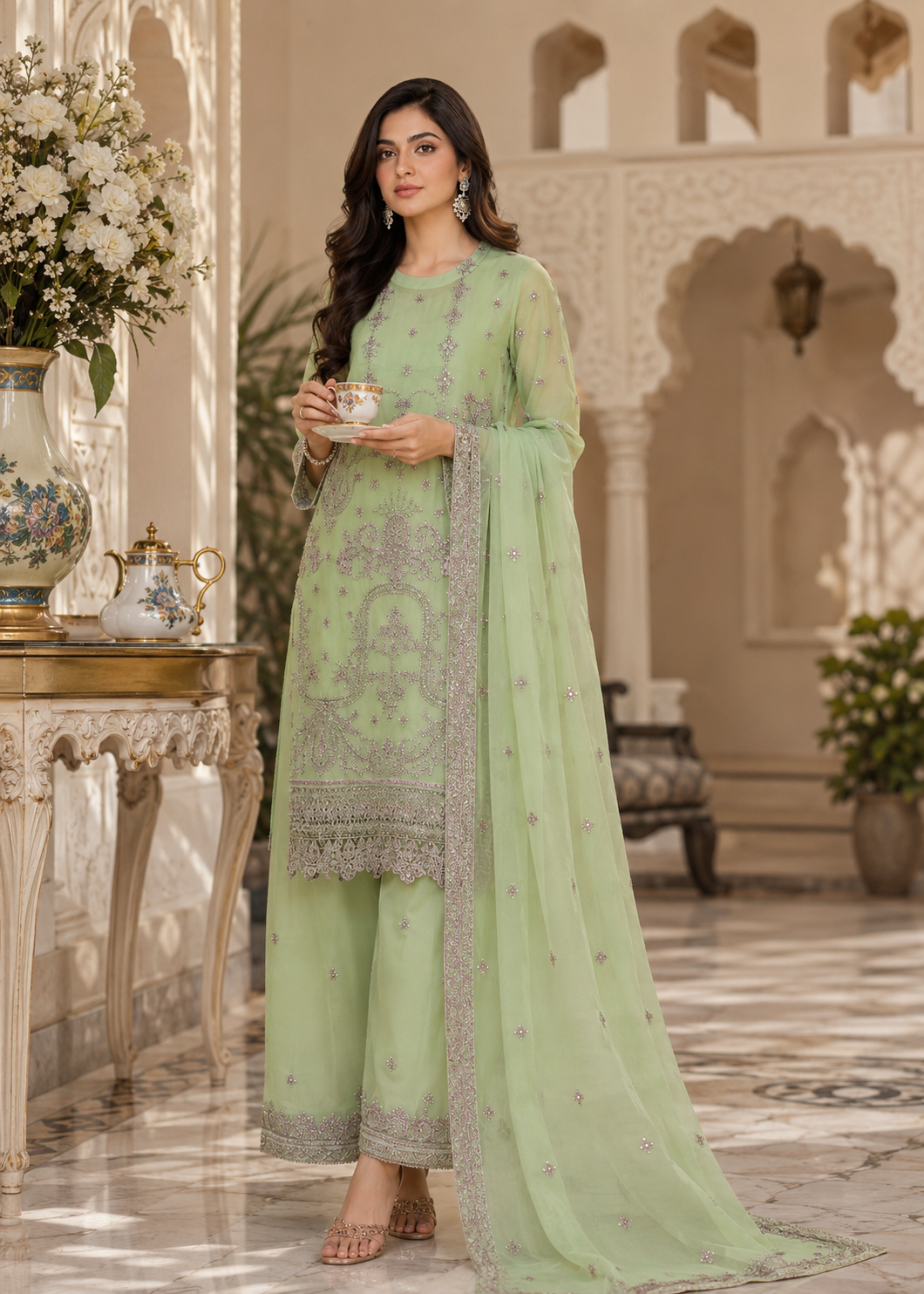chiffon Kurta Set in Pistachio green