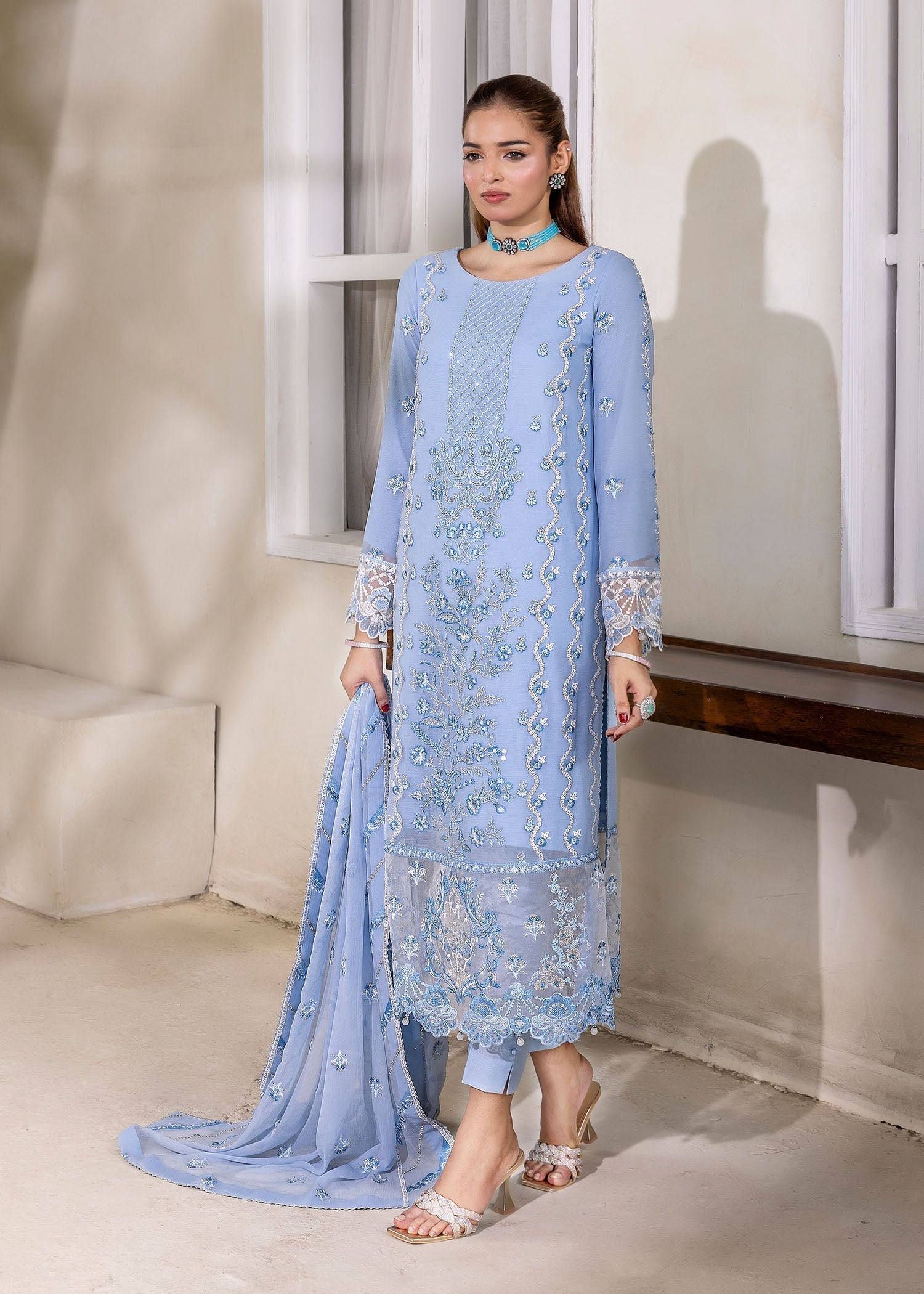 chiffon silk Kurta Set in Powder blue