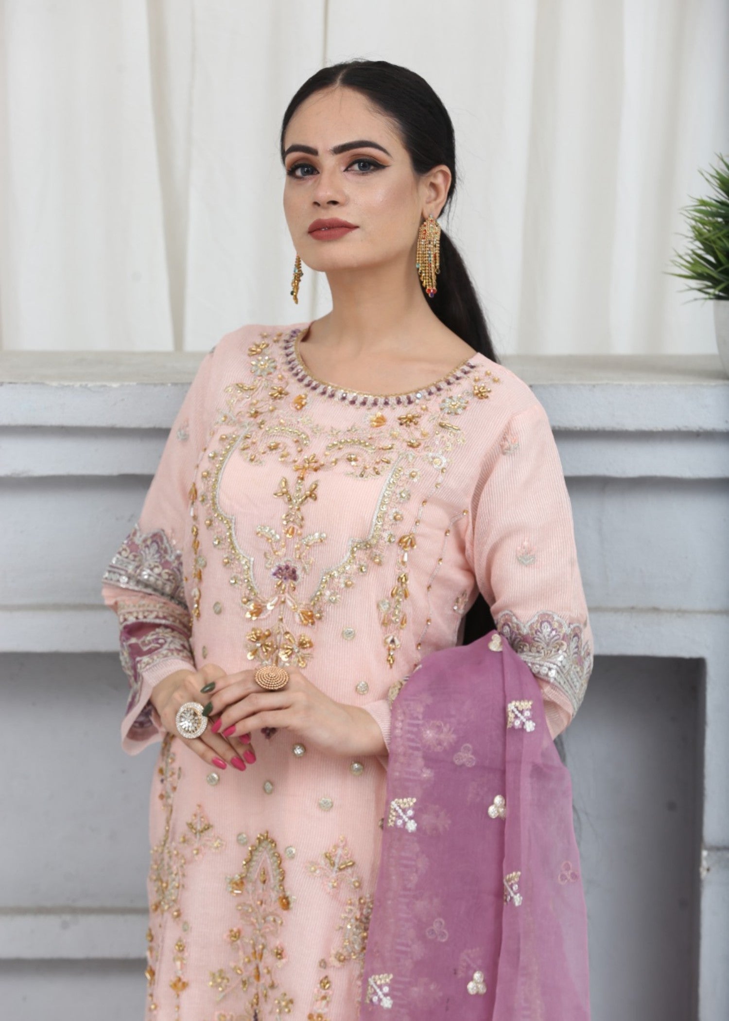 khaddi net Kurta Set in Cherry blossom pink