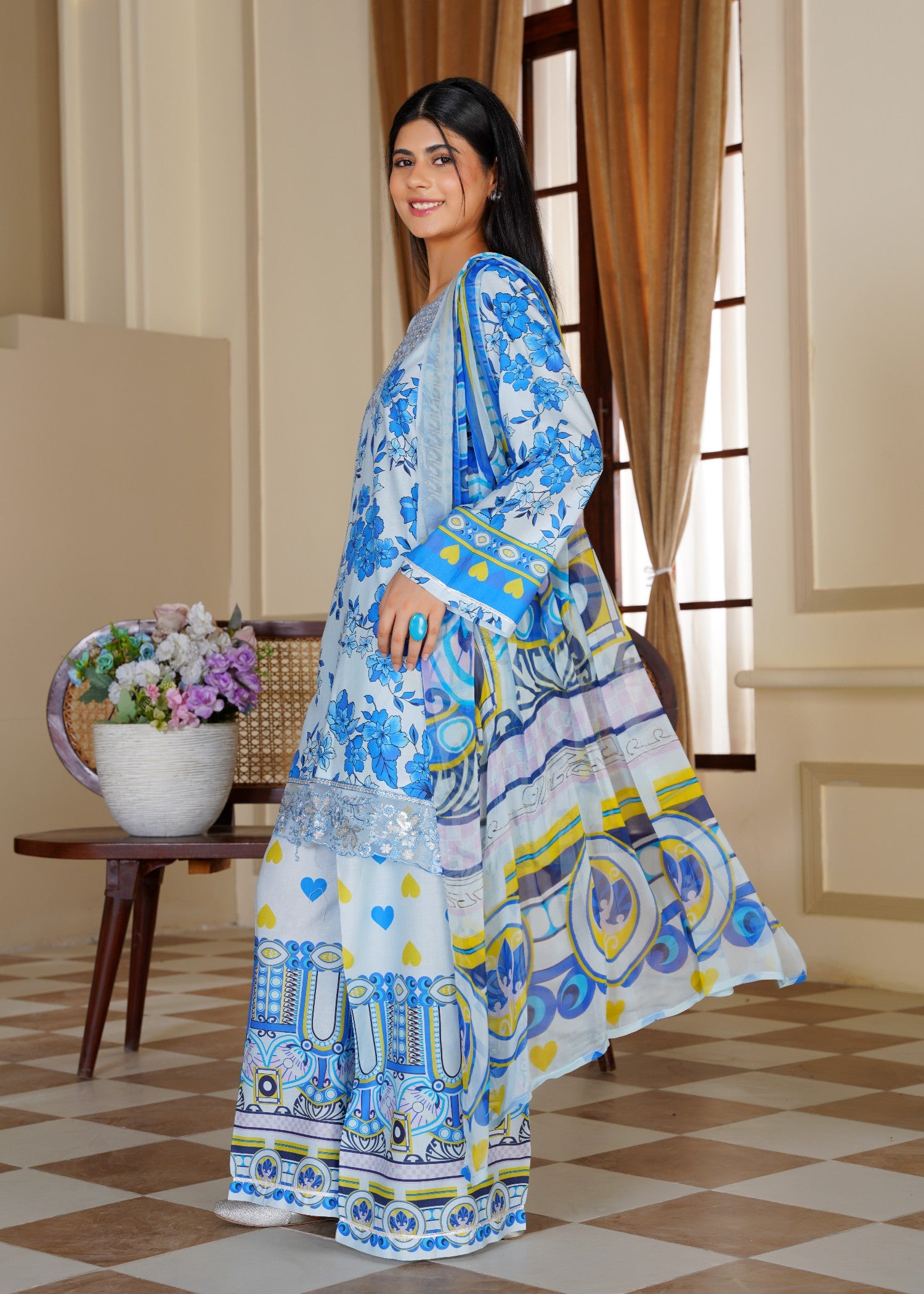 lawn Kurta Set in Cobalt blue, baby blue