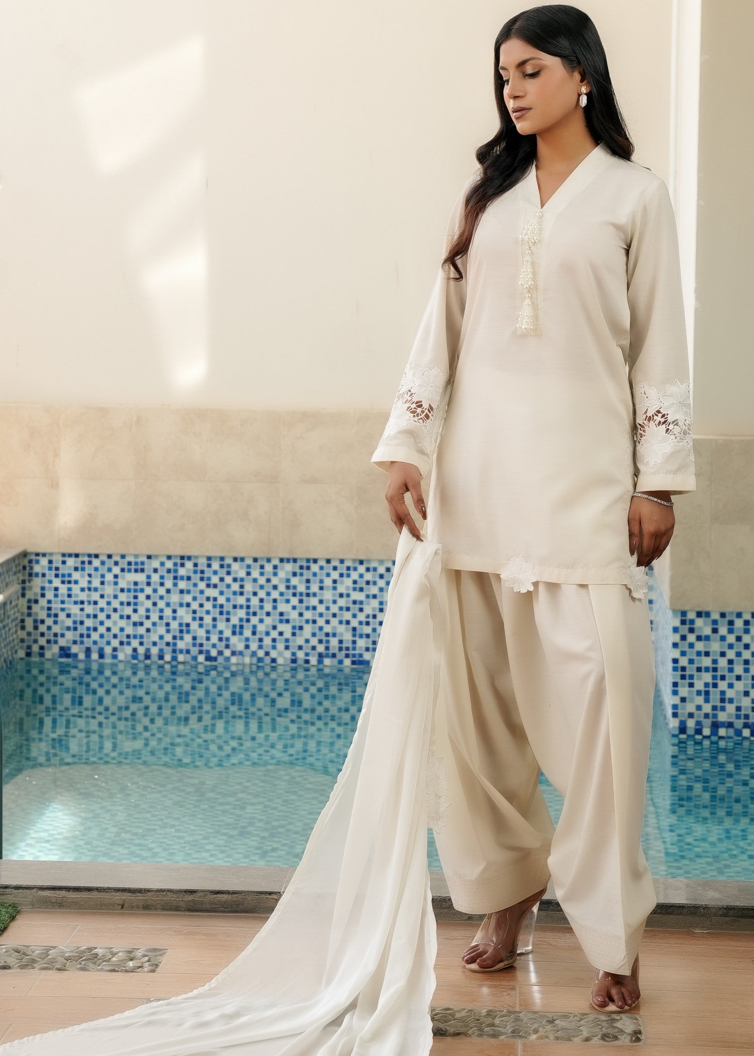 korean raw silk Kurta Set in Cream