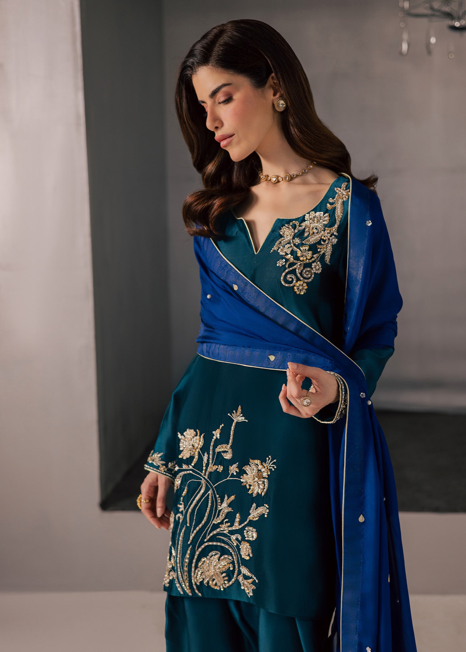 tussar silk Kurta Set in Teal