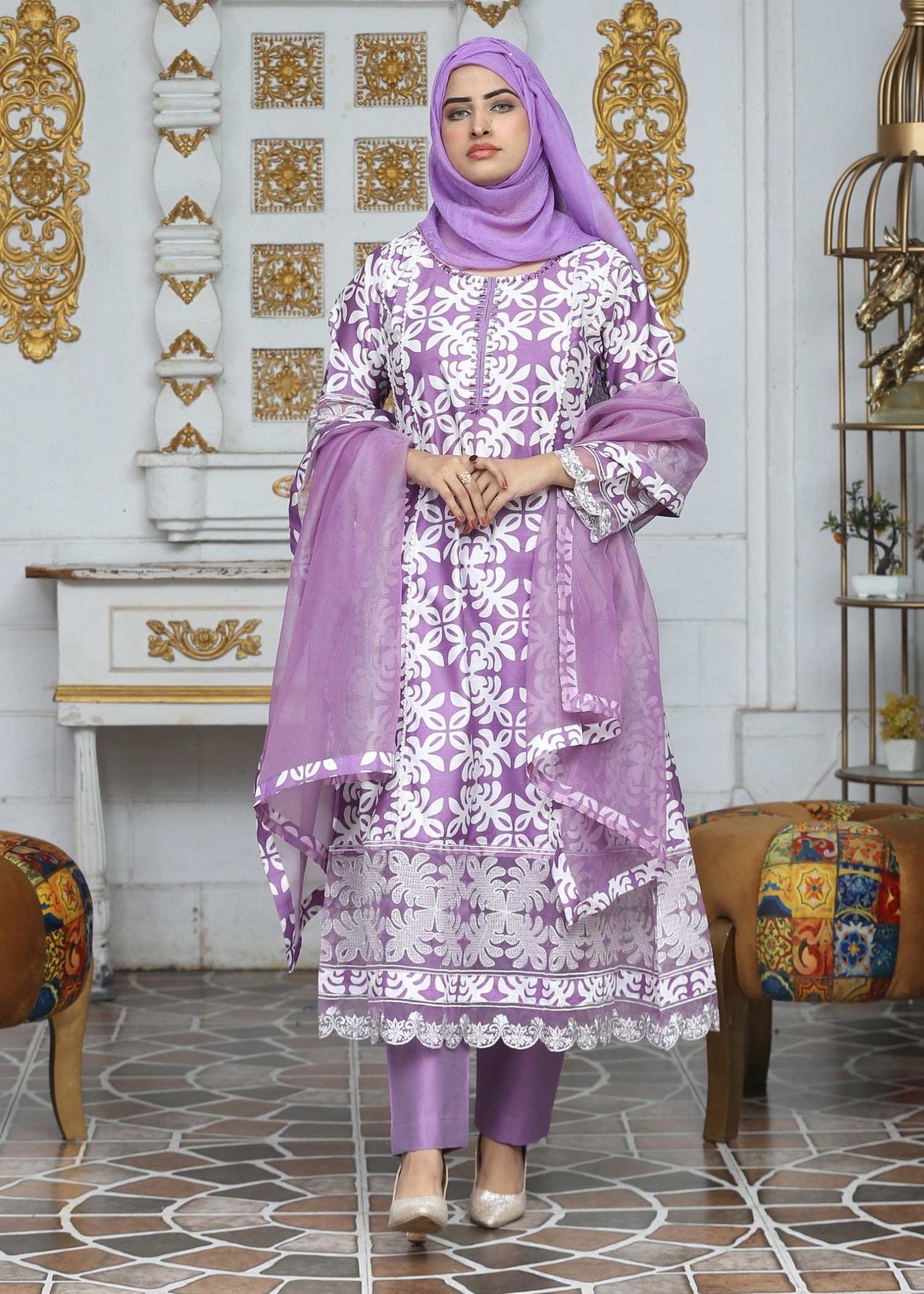 khaddi net Pishwas in Lilac