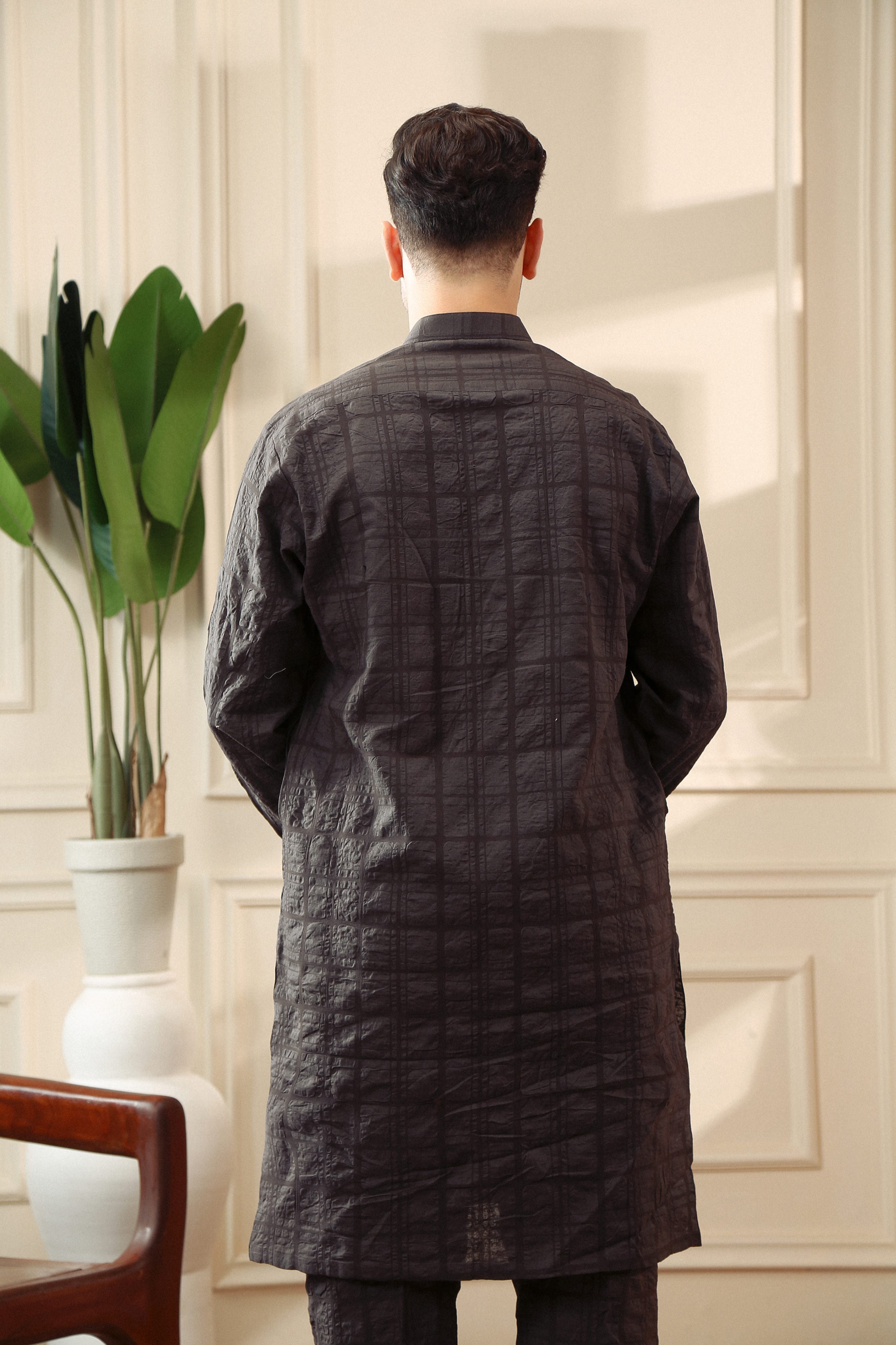 textured chambray Kurta Set in Black