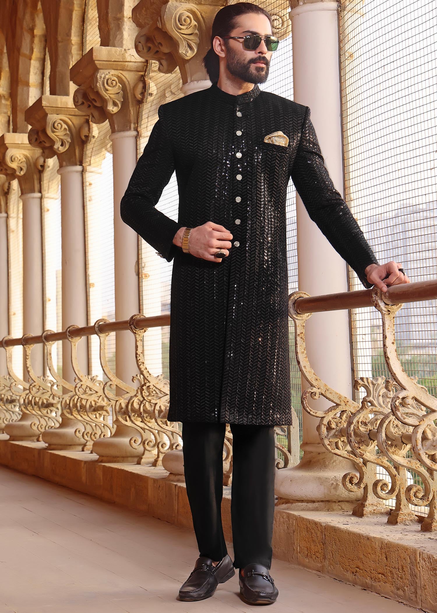 banarsi silk Sherwani in Black
