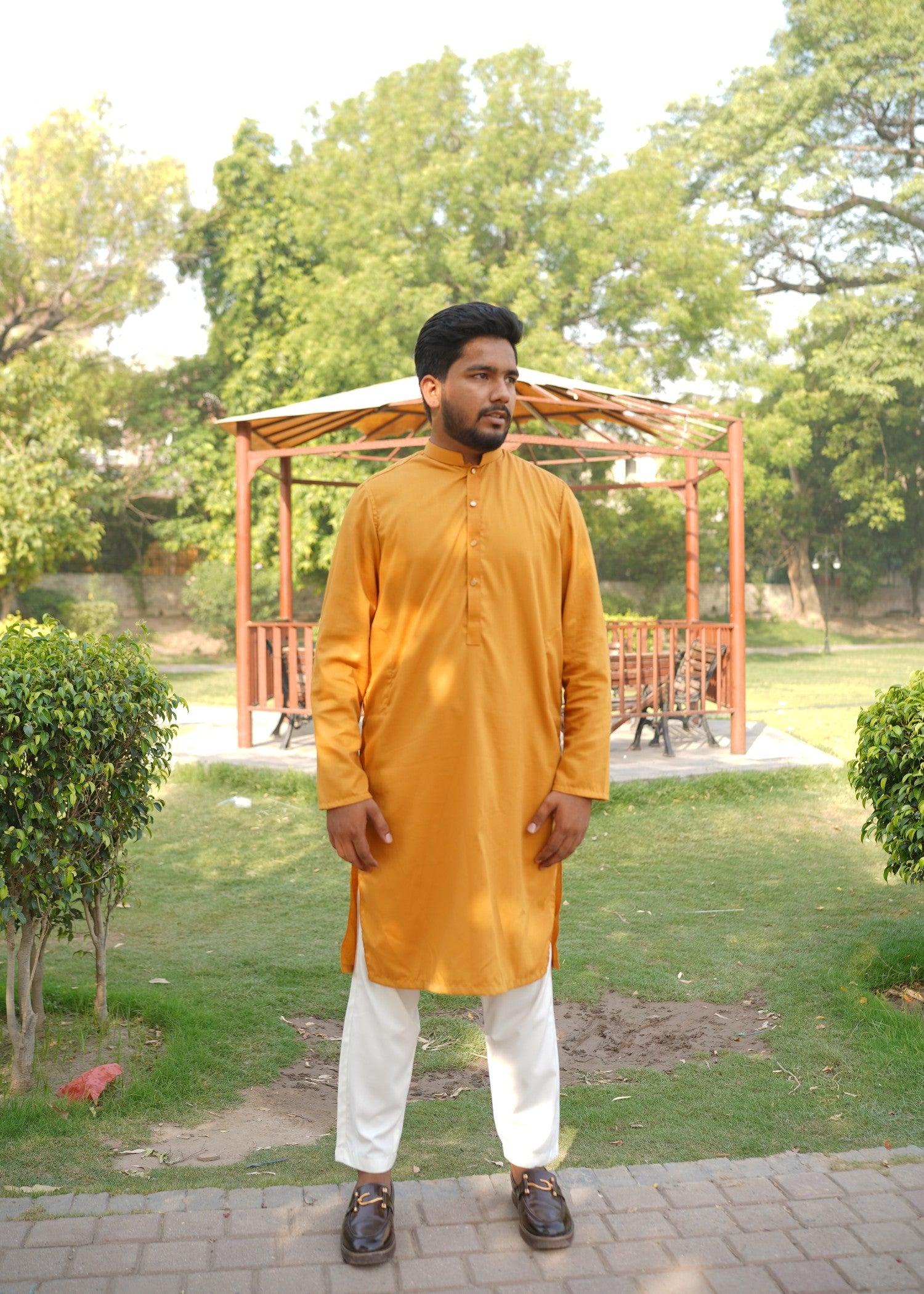 cotton jacquard Kurta in Marigold