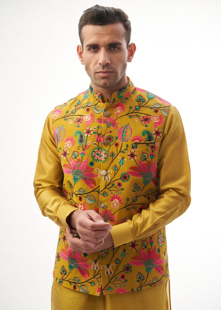 cotton karandi Waistcoat in Mustard
