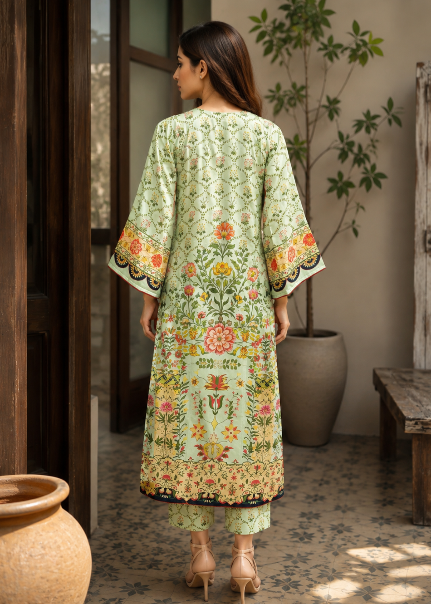 silk charmeuse Kaftan in Pistachio green