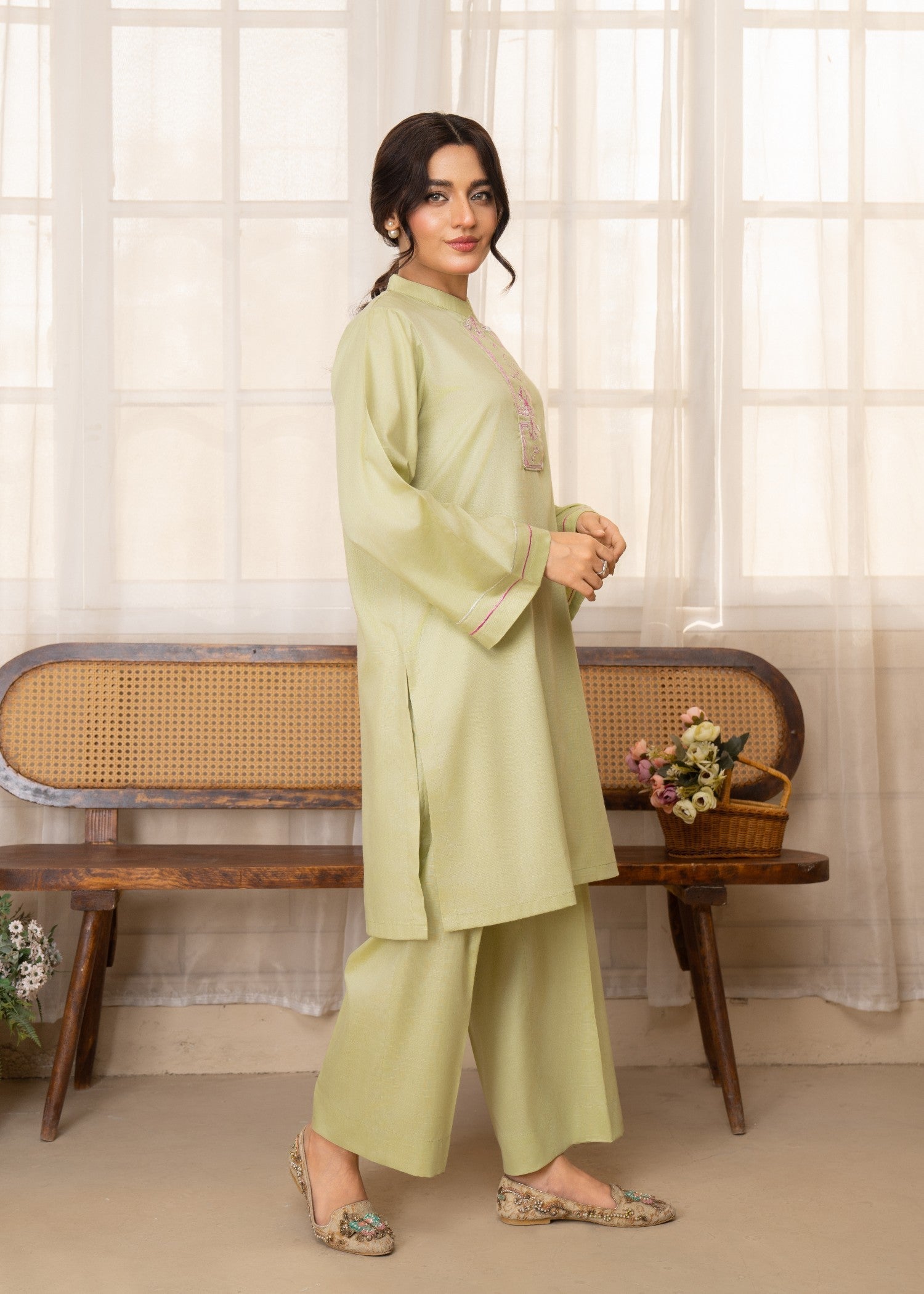slub cambric Kurta Set in Mint green