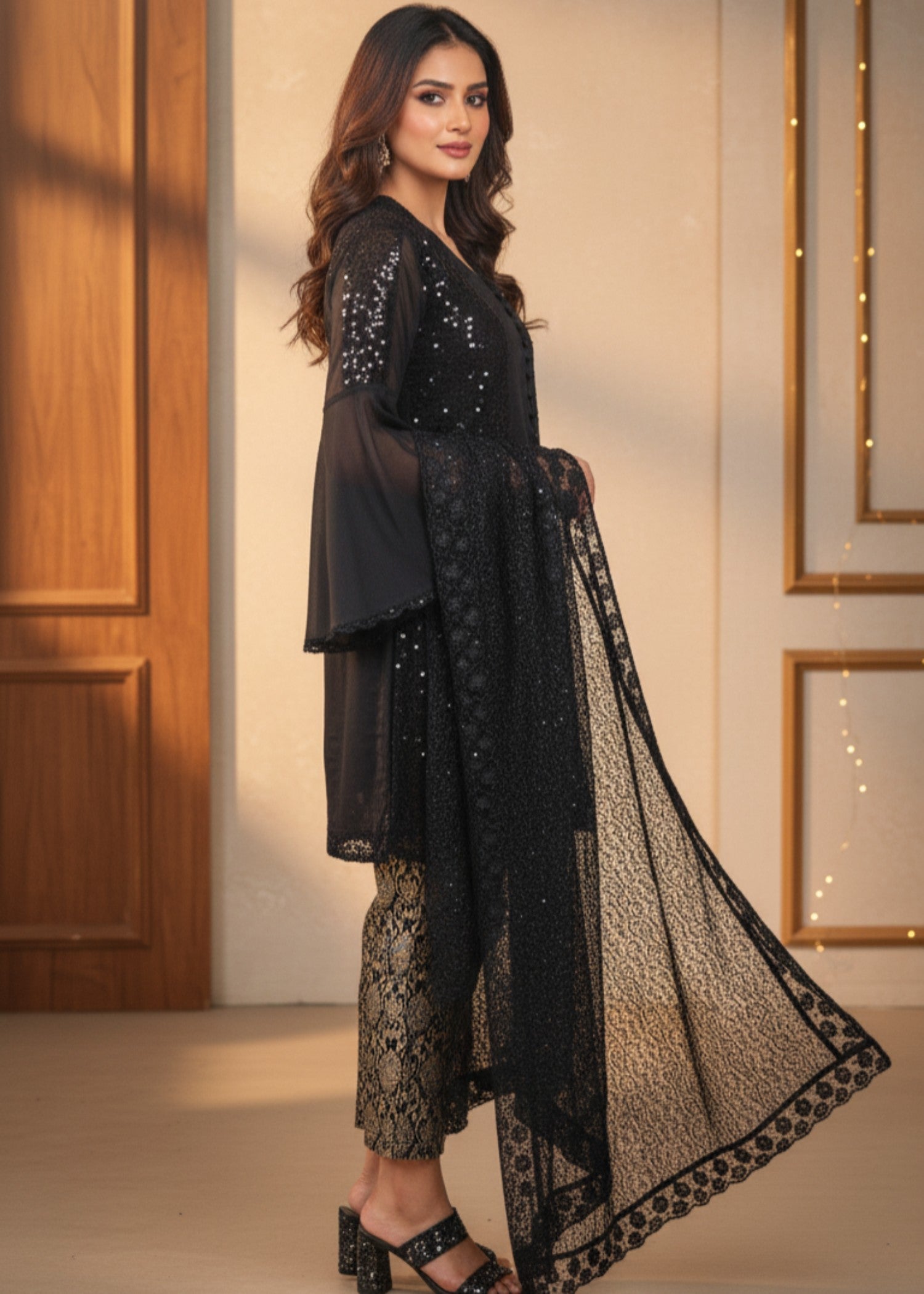 chiffon Short Frock in Black