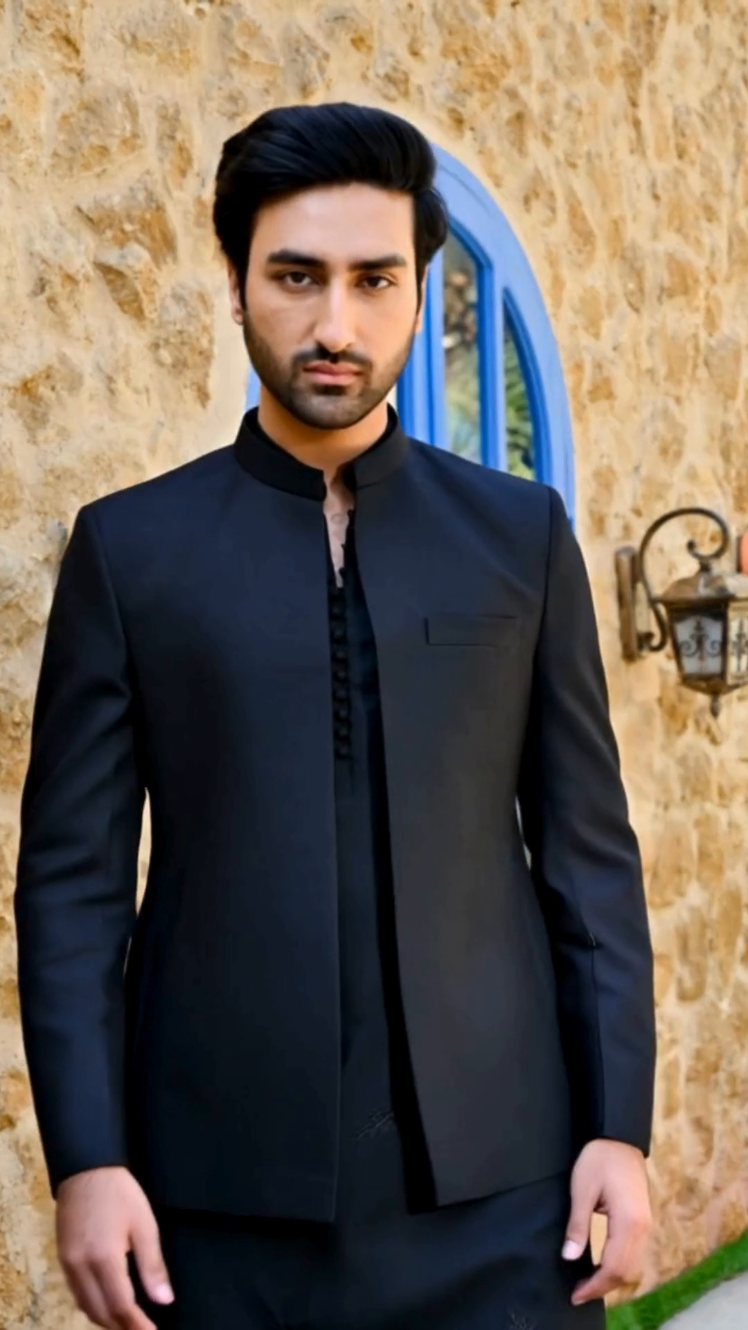 banarasi brocade Prince Coat in Black by HK Fashion