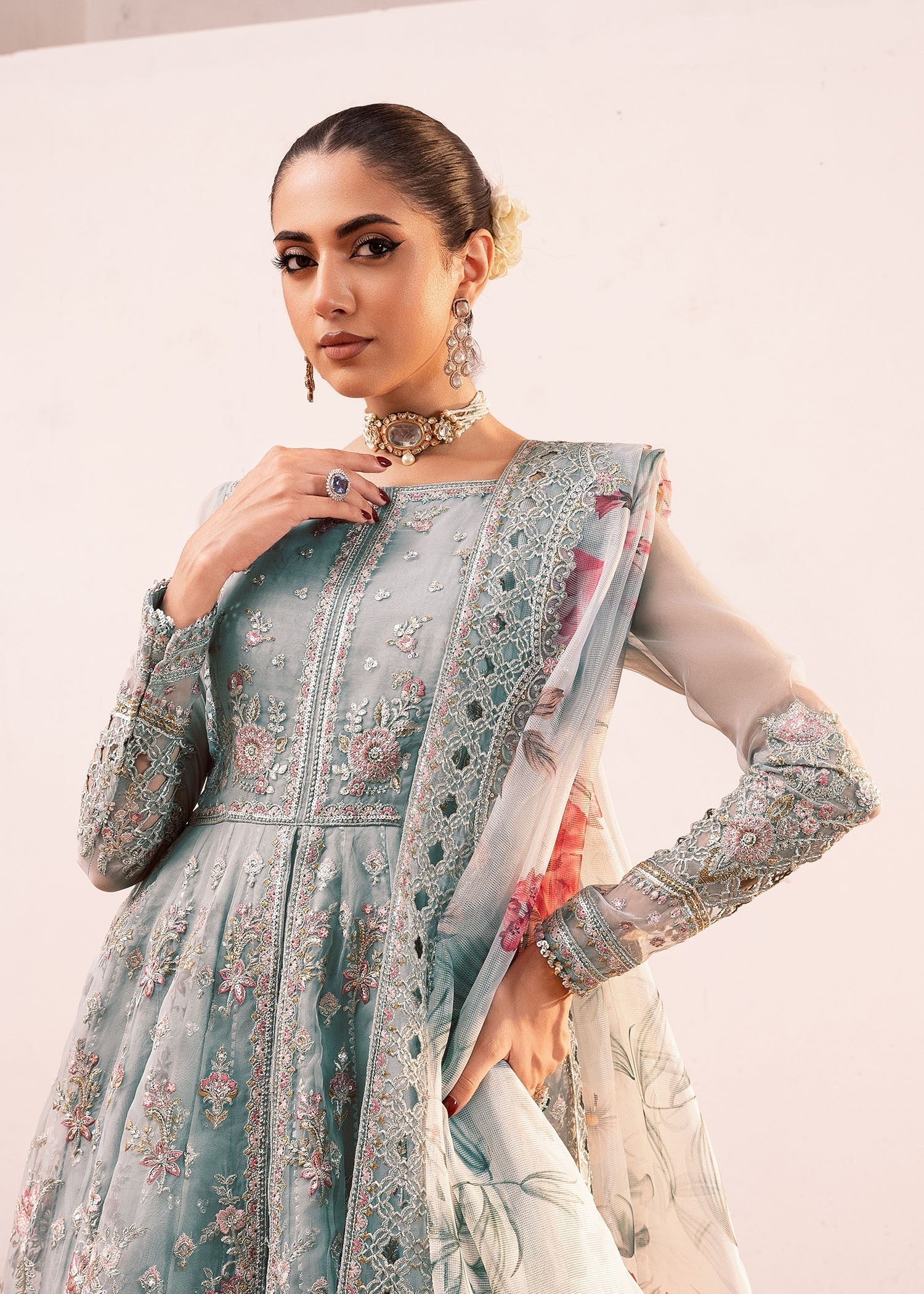 organza Pishwas in Ice blue