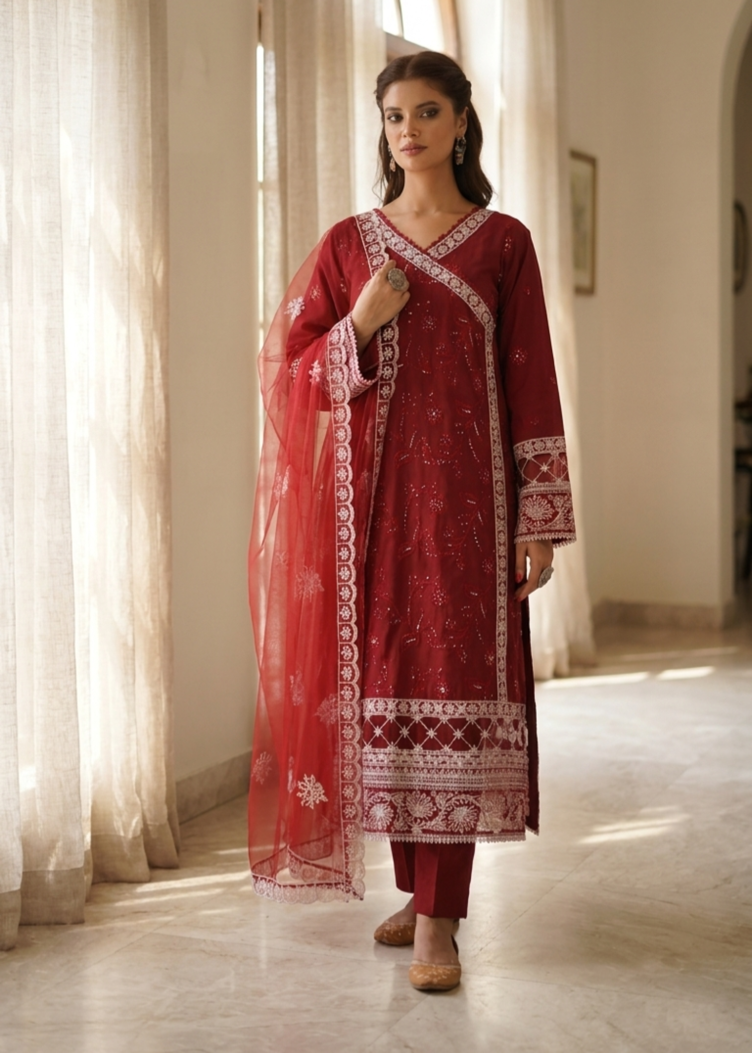 lawn Angrakha in Maroon