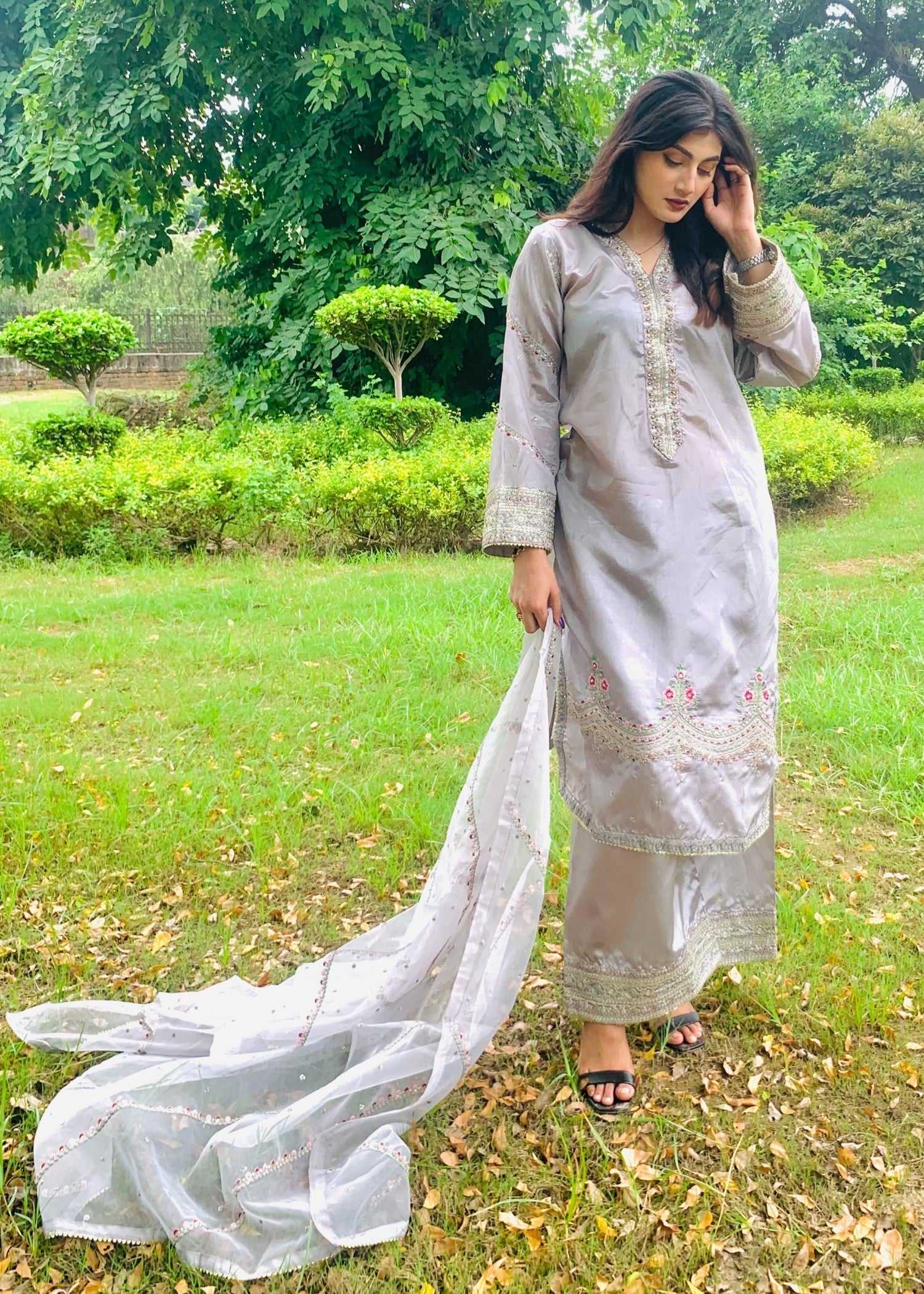 tussar silk Kurta Set in Pastel grey