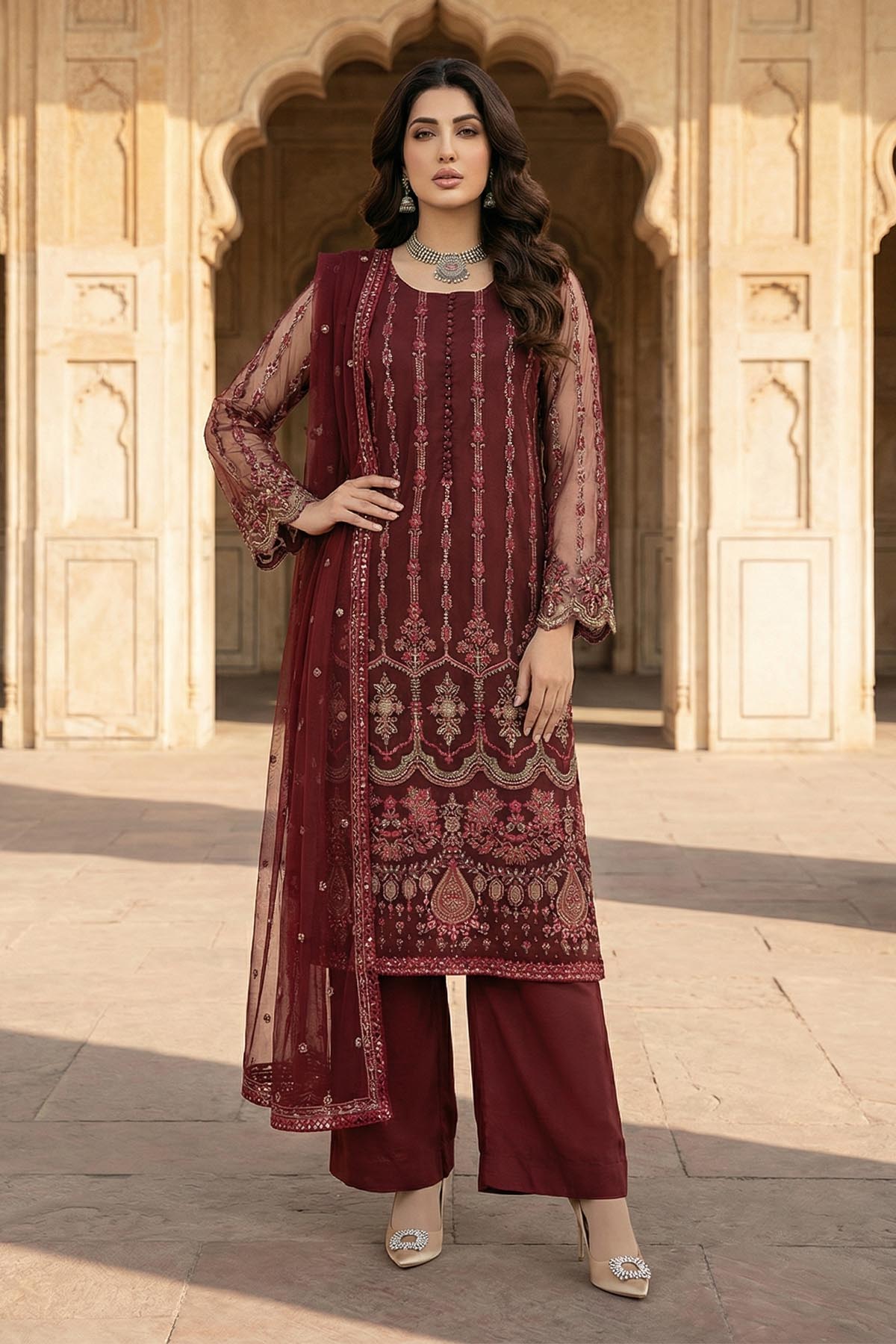silk cotton net Kurta Set in Maroon
