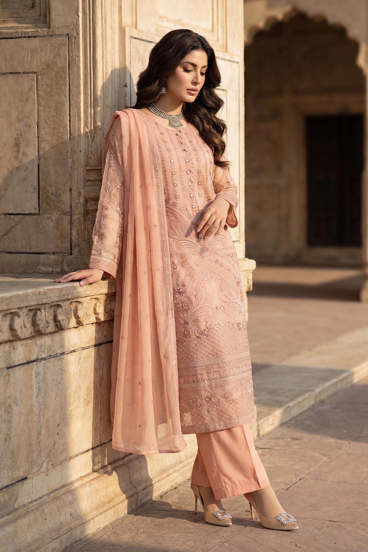silk cotton net Kurta Set in Baby pink