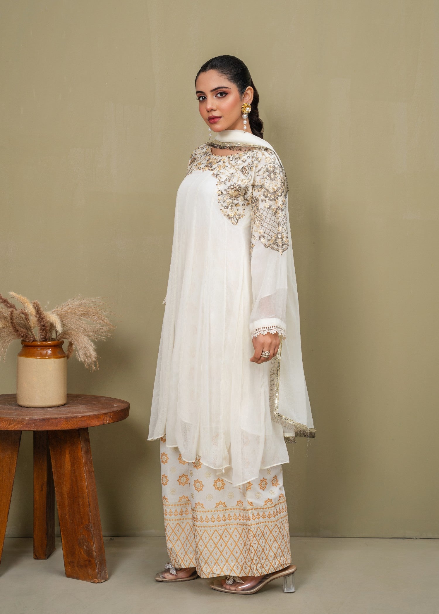 chiffon Short Frock in White, floral white