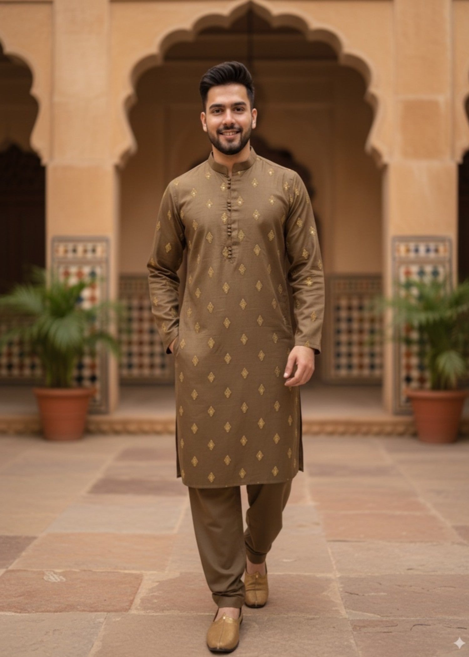 raw silk Kurta Set in Dark brown