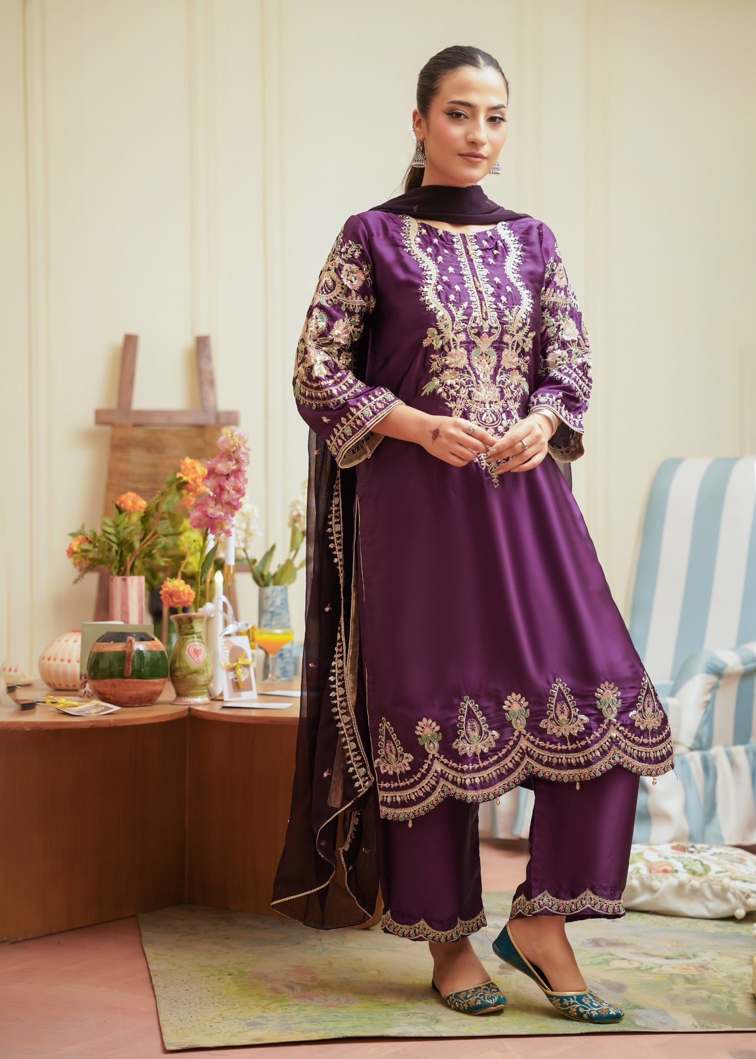 silk Kurta Set in Plum