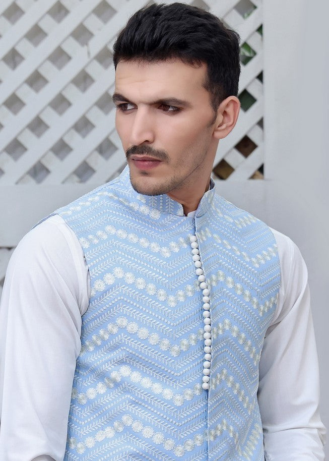 jamawar Waistcoat in Sky blue
