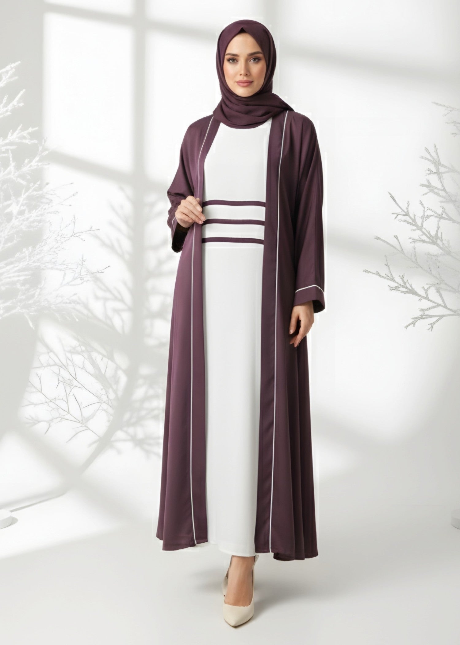 nidha blend Abaya in White, plum