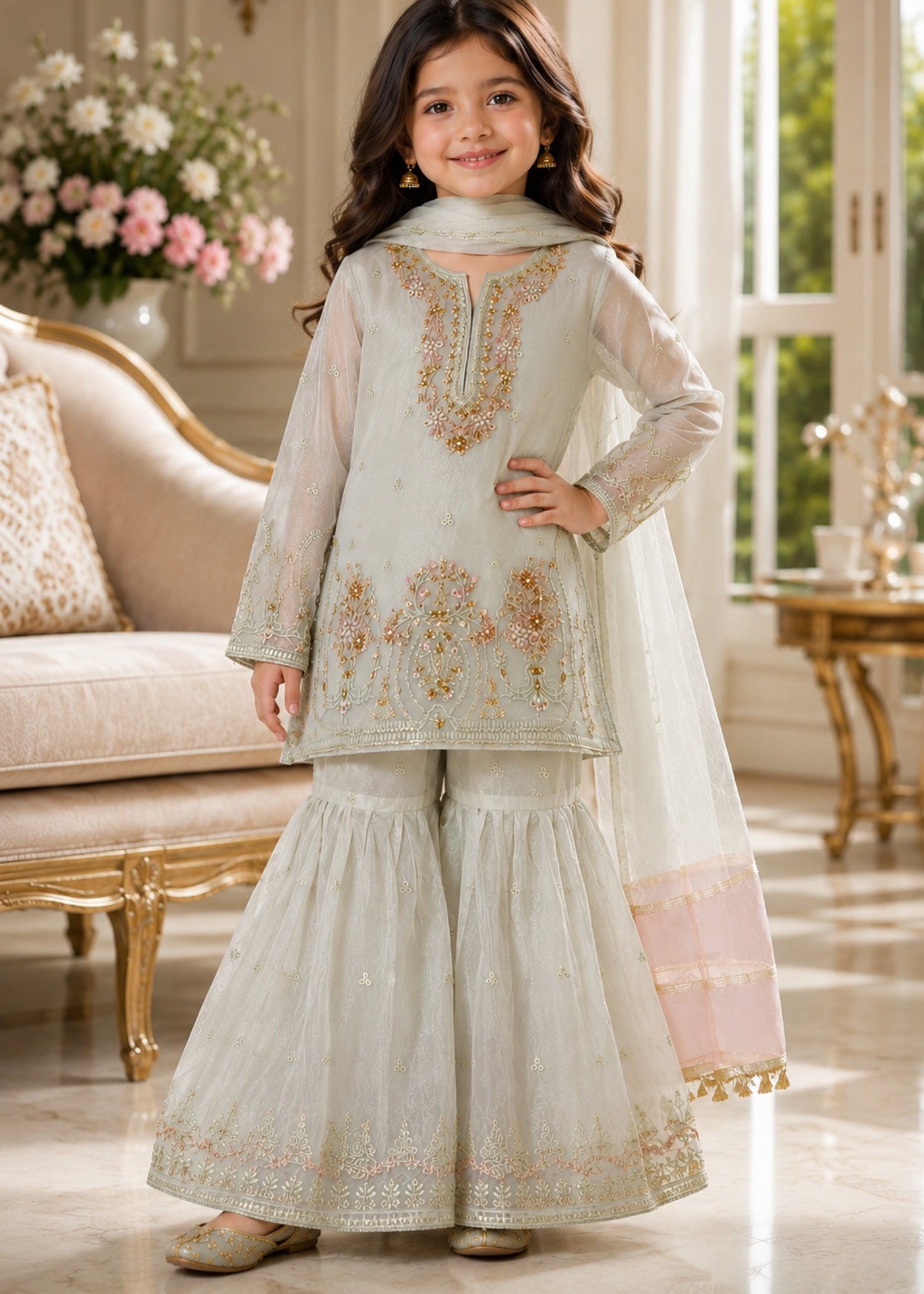 organza Gharara in Tea green
