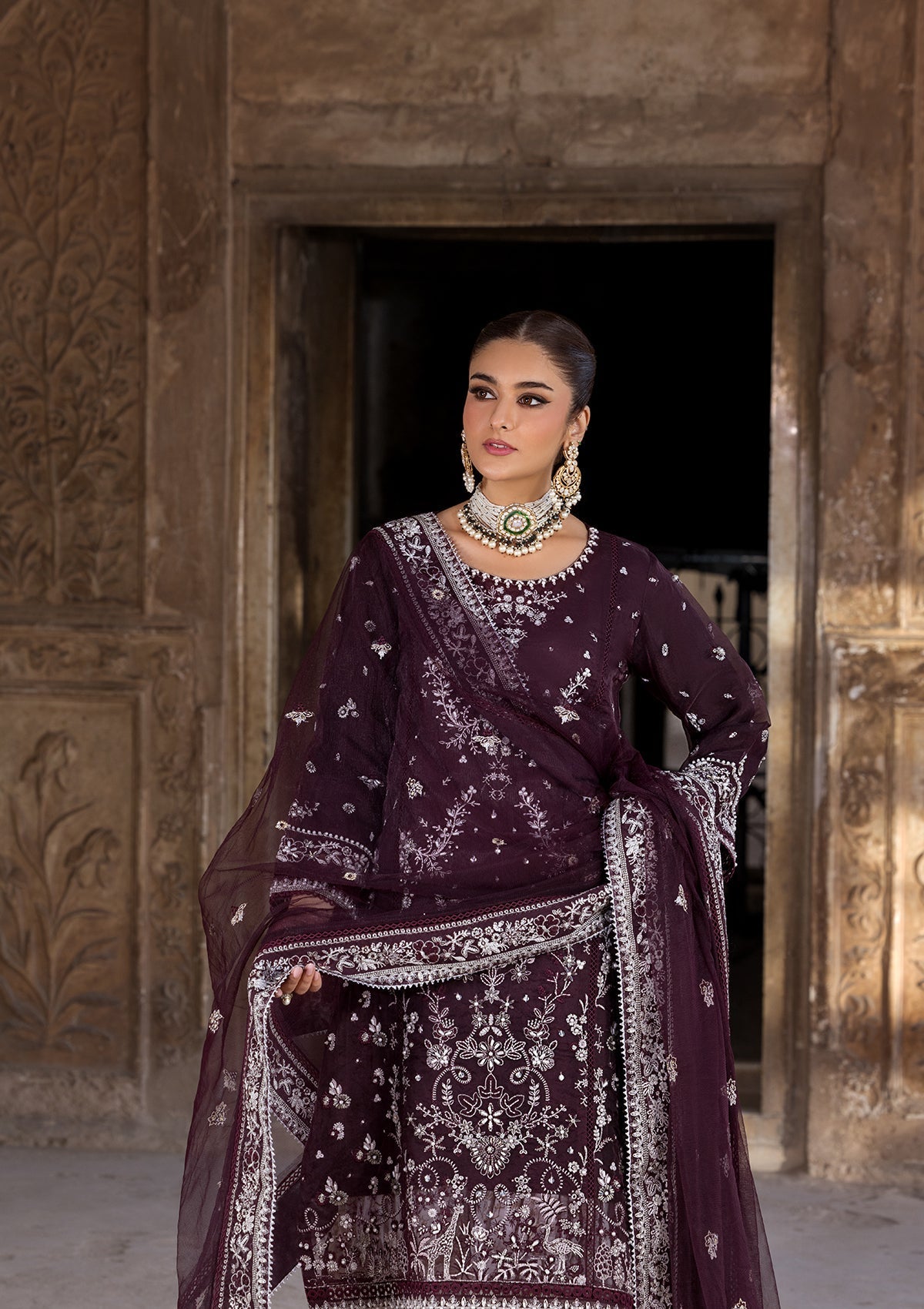 organza Gharara in Plum