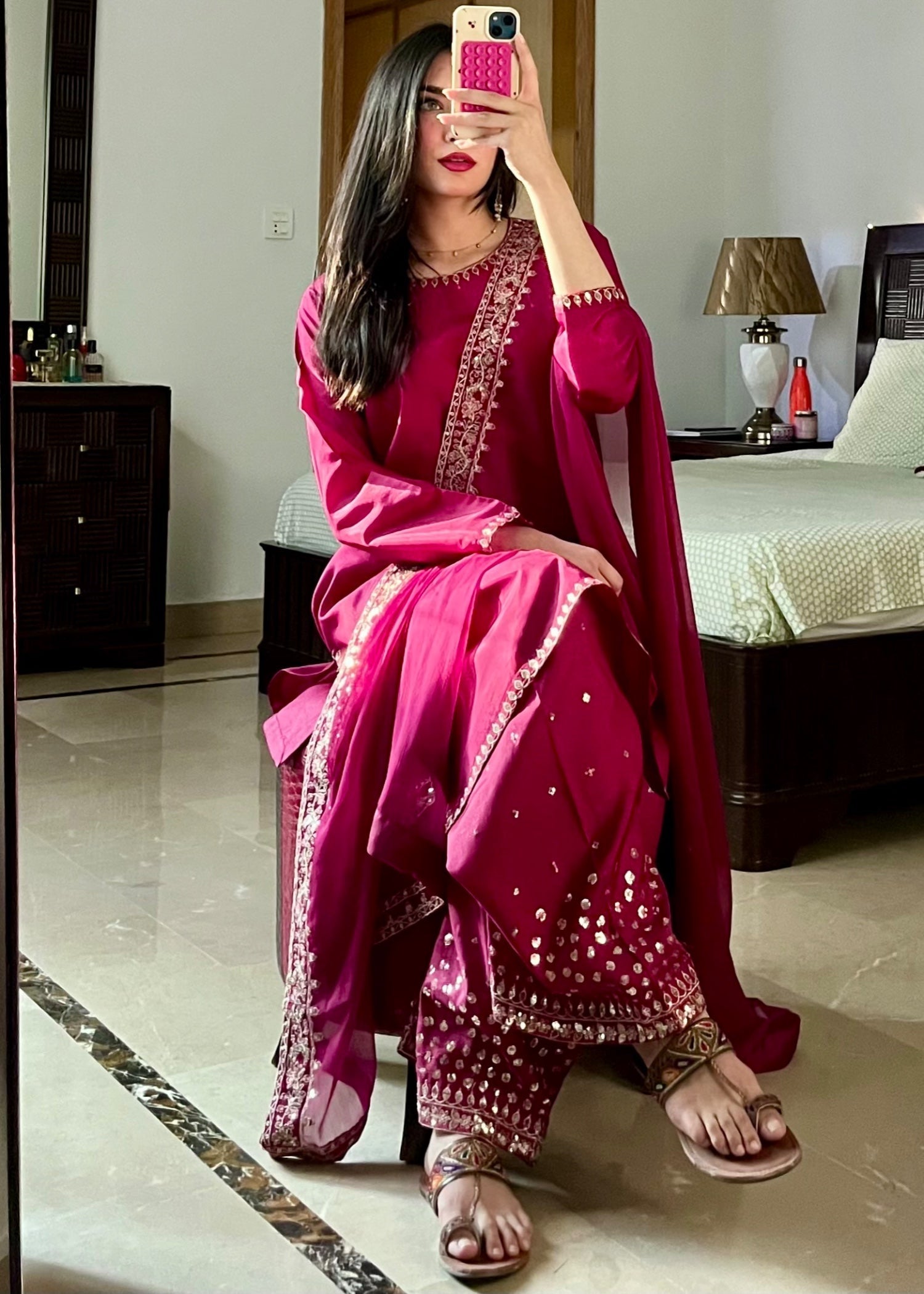 kattan silk Kurta Set in Magenta haze