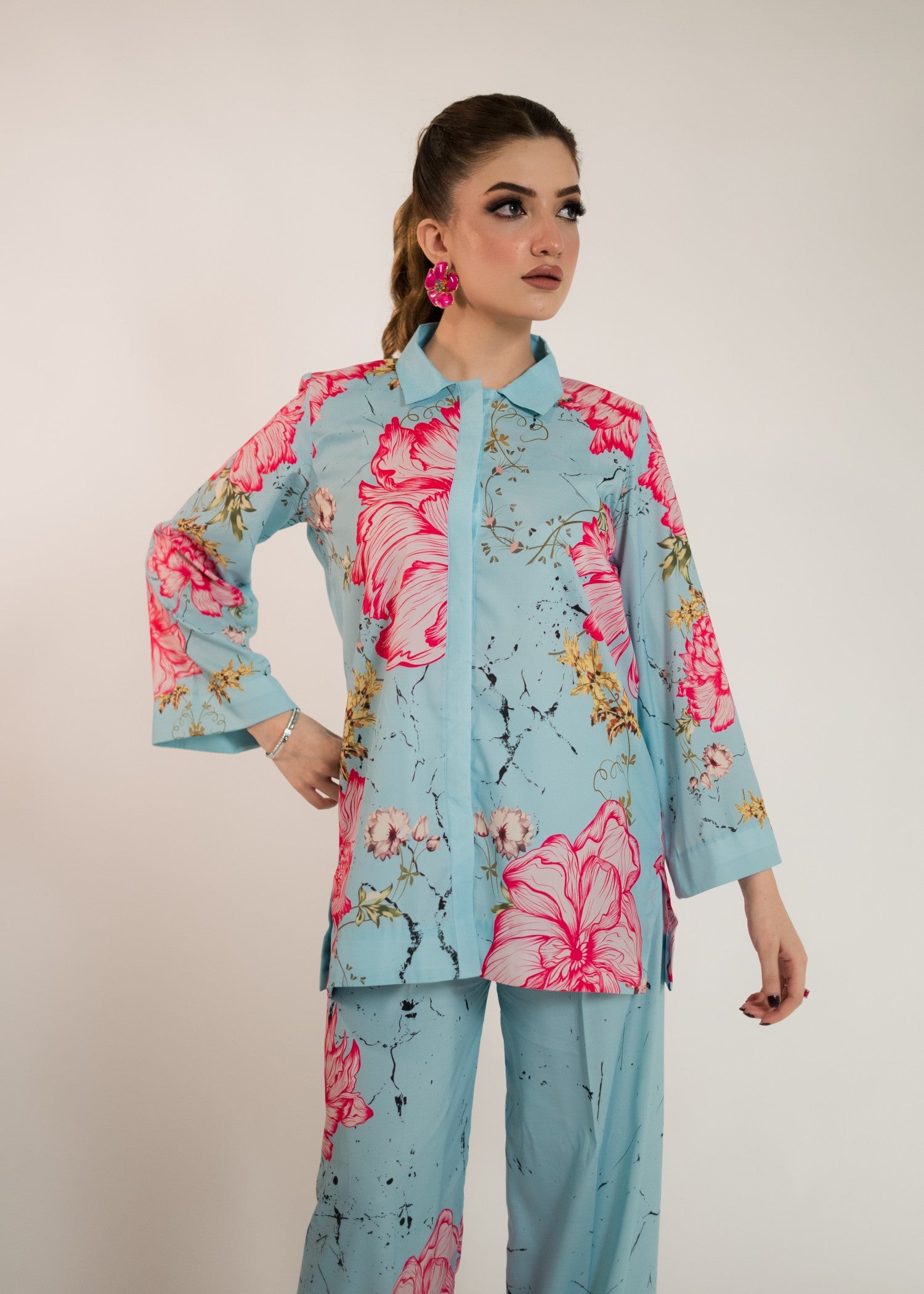 crepe silk Co ord Sets in Deep pink, light blue, blue lagoon